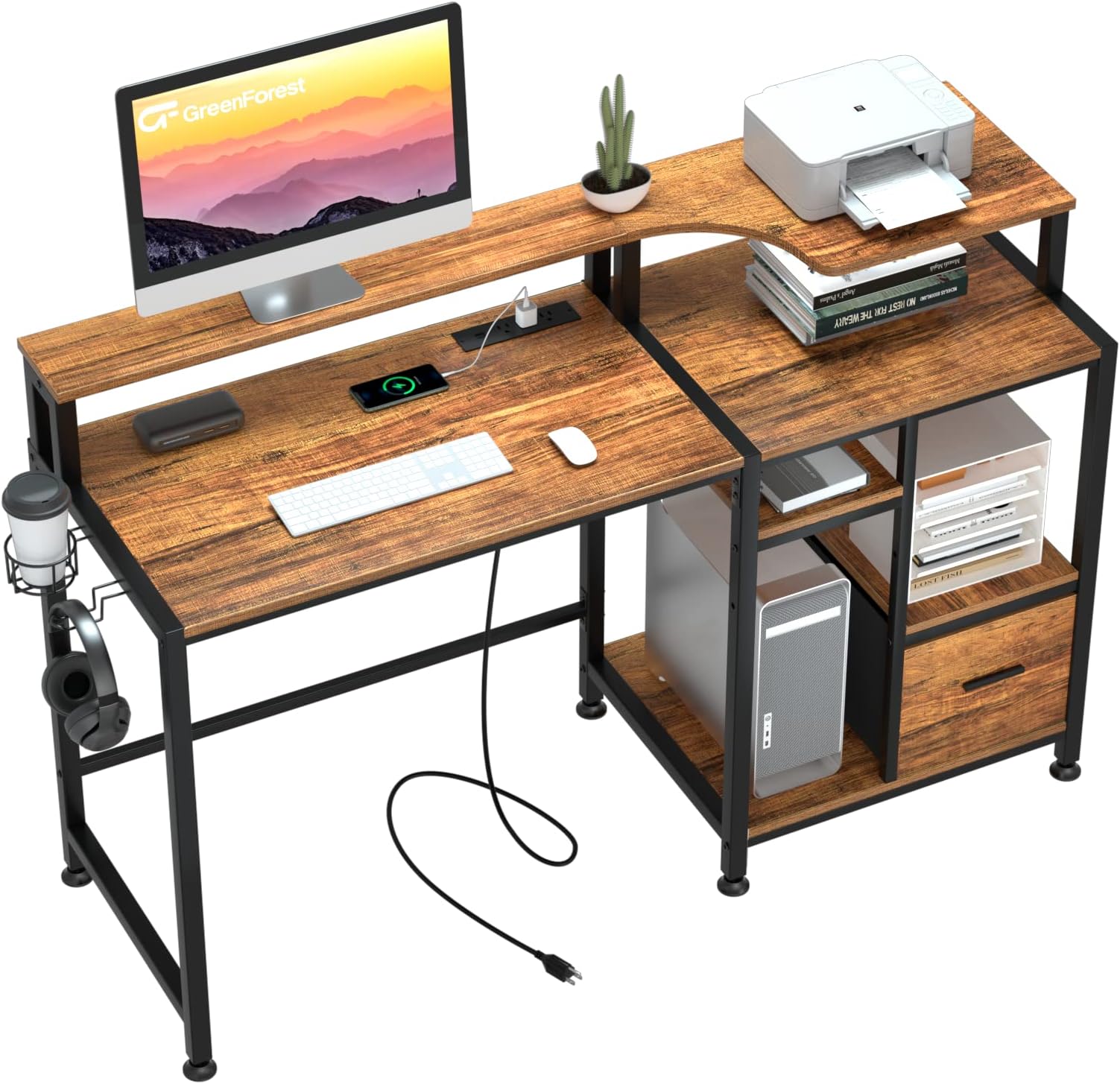GreenForest Computer Desk with Drawers, Home Office Desk with Printer Shelf, 55 inches Desk with Storage, Writing Study Desk with Monitor Stand, Small Work Desk for Bedroom, Walnut