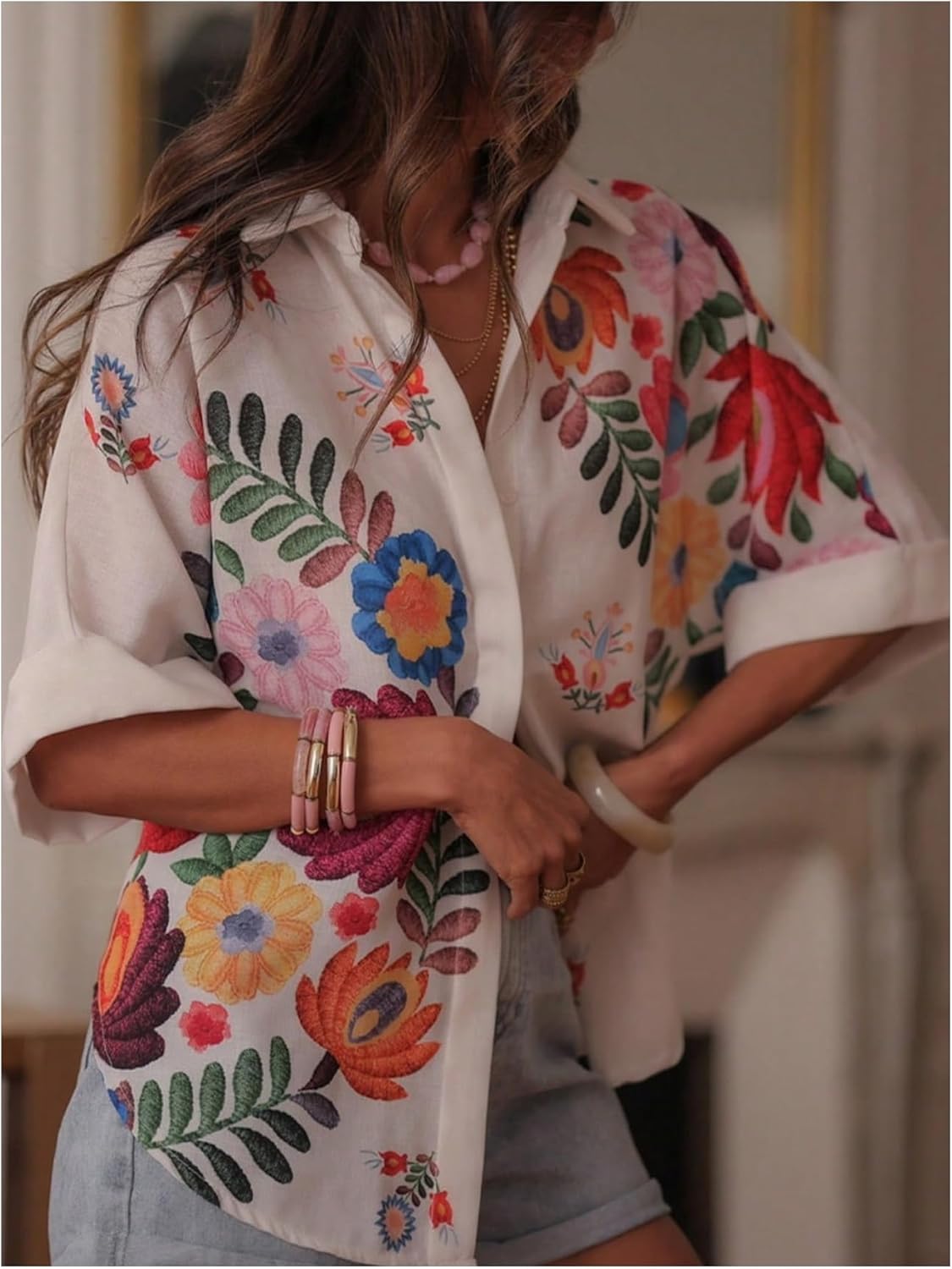 GORGLITTER Women's Floral Boho Tops Oversized Short Sleeve Button Down Fall Blouses Collared Western Shirts - Image 5