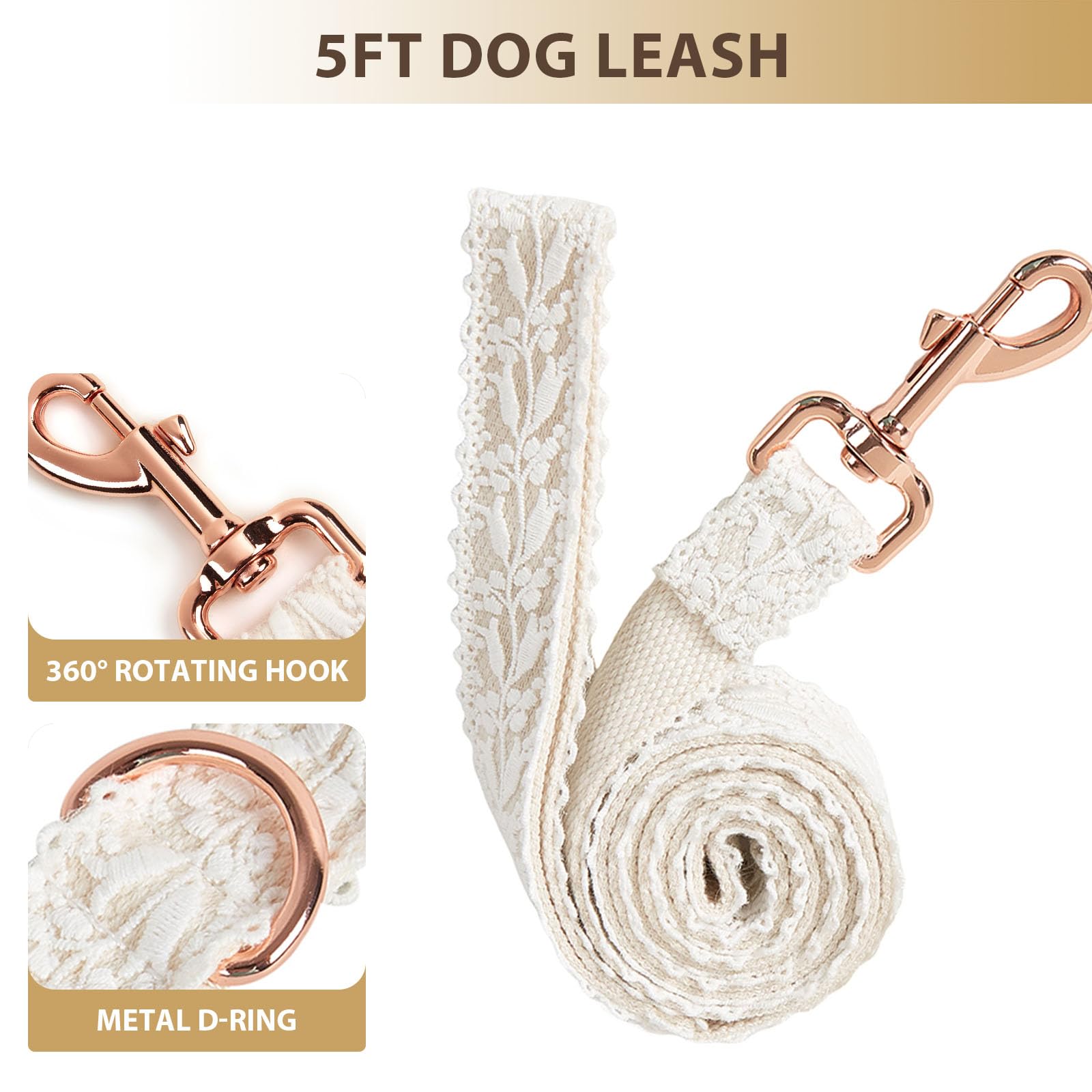 Fashion Flowers Embroidered Premium Lace Dog Collar Set with Metal Clasp Leash - Adjustable for Small, Medium, Large Dogs,M