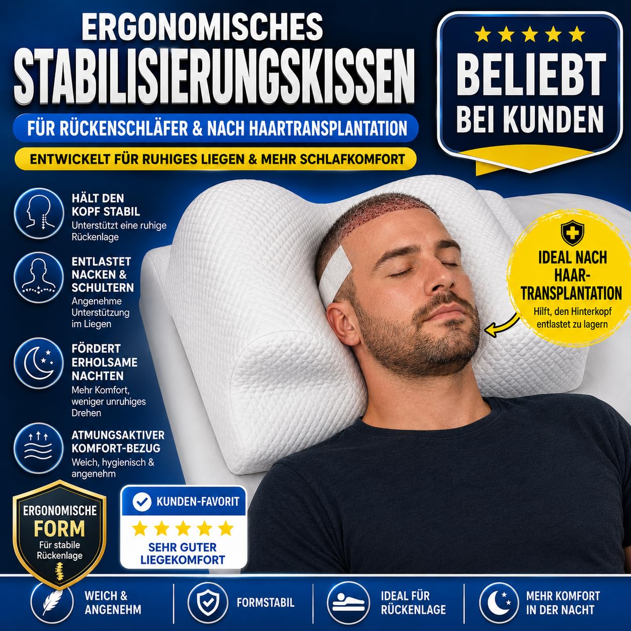 RelaxSleep Haartransplantation Kissen für Rückenlage, Rückenschläferkissen nach FUE, DHI, Nasen-OP, Brust-OP, Botox, Anti-Falten Memory Foam Kissen