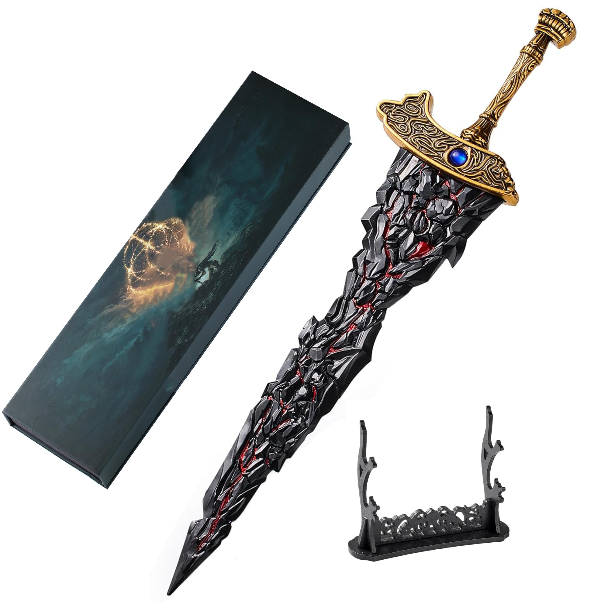 Huadafun Eldens Ring Maliketh Black Blade Replica Blade – All-Metal Collector Prop with Display Stand for Desk Décor & Cosplay Lovers
