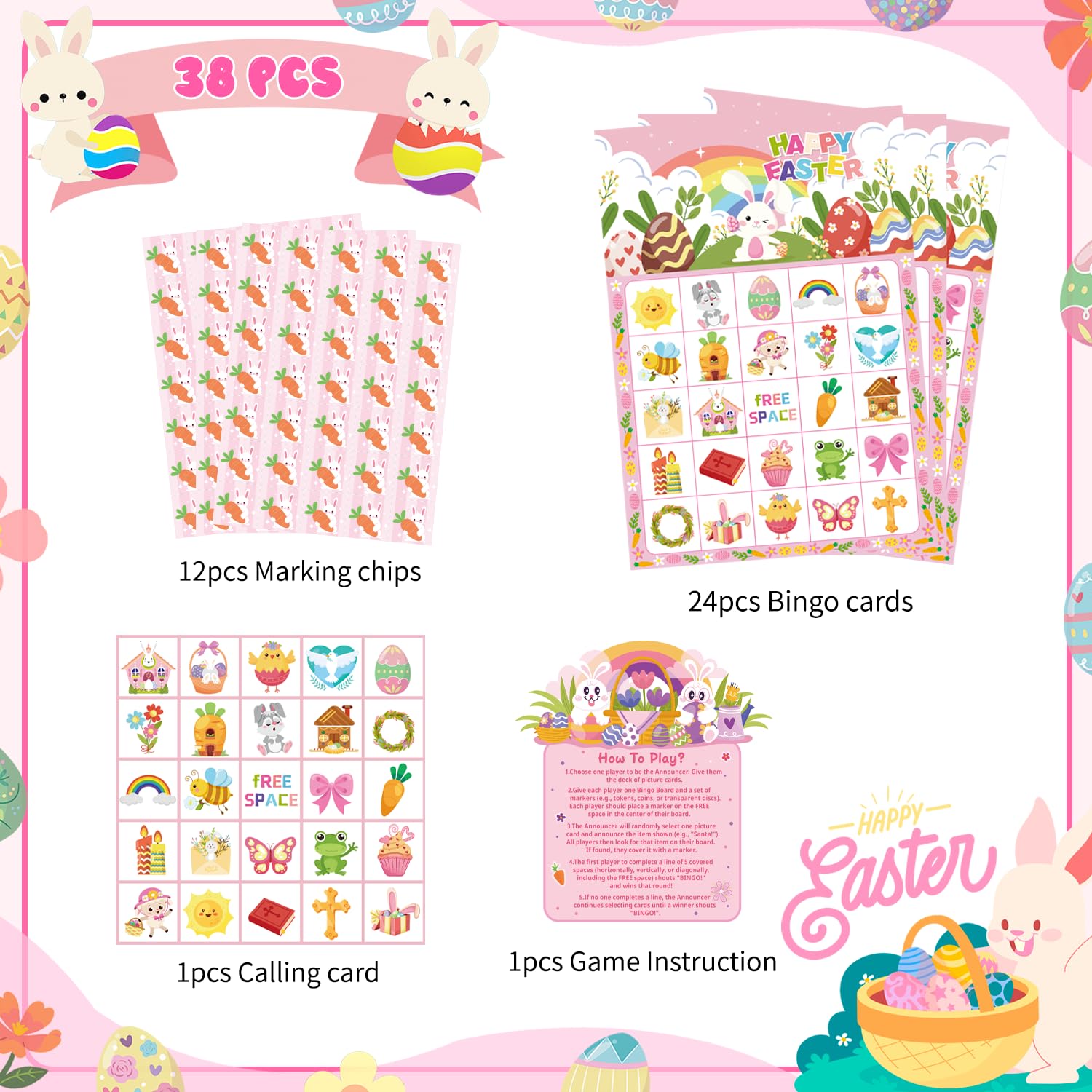 Set Giochi Bingo Pasquale per 24 Giocatori,38 Pezzi Arte Giochi Bingo Pasquali Gadget Compleanno