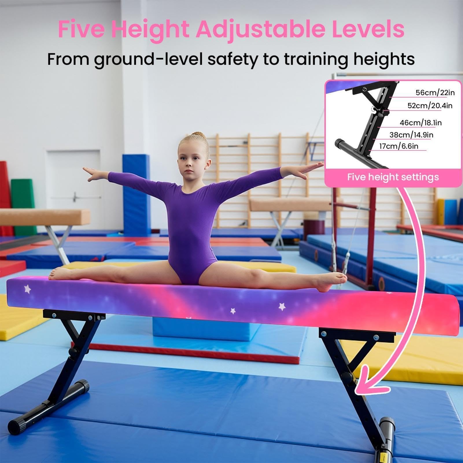 Balance Beam - Trave da ginnastica per bambini, regolabile in altezza, 5 | Trave d'equilibrio per bambini, 180 cm, con base antiscivolo, regolabile in altezza in 5 posizioni, allenamento per