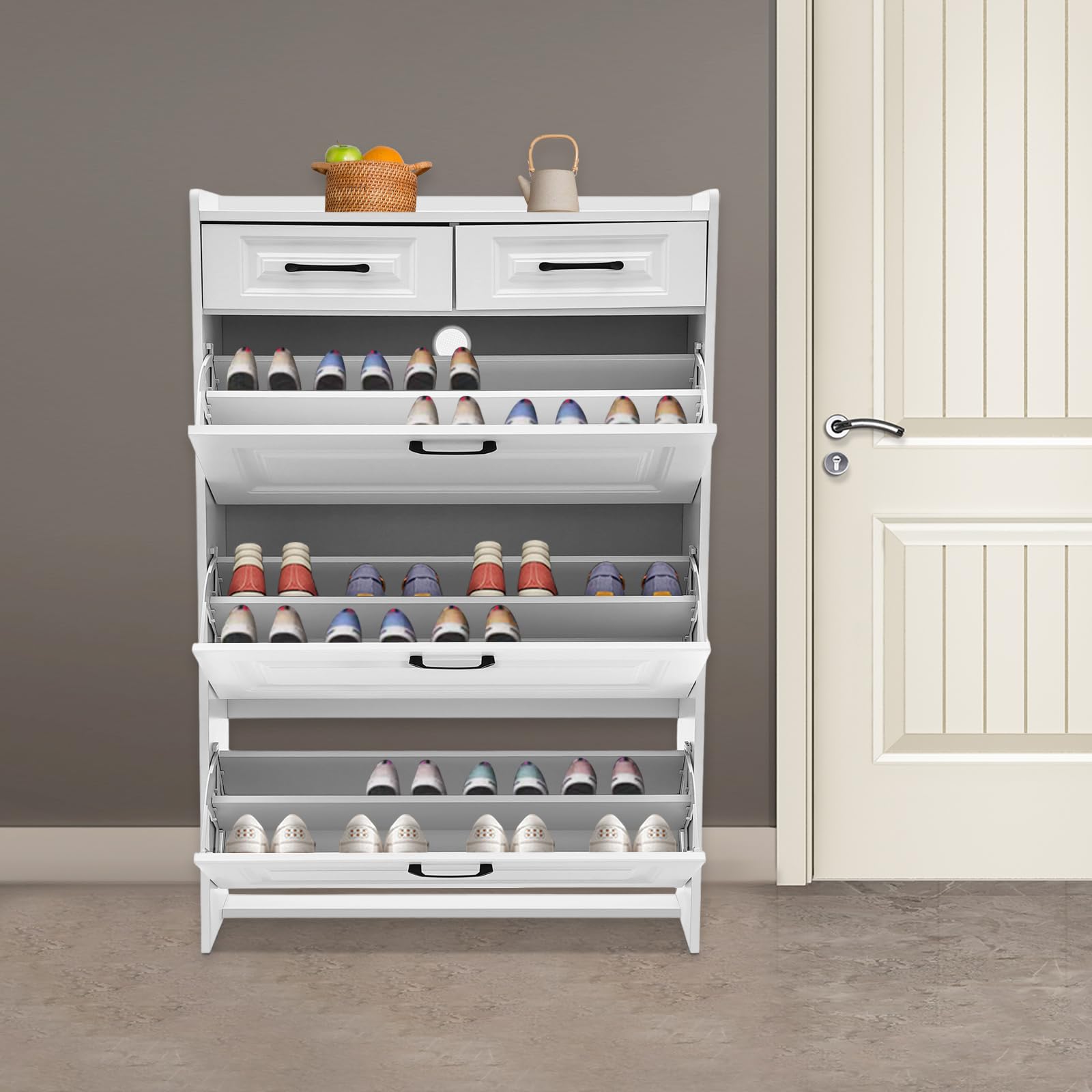 Wolnostojąca szafka na buty 80 x 24 x 120 cm, uchylna szafka na buty z 2 szufladami i 3 przegródkami z klapką, wąski organizer na buty do przedpokoju i wejścia, na 16-20 par butów (biała)