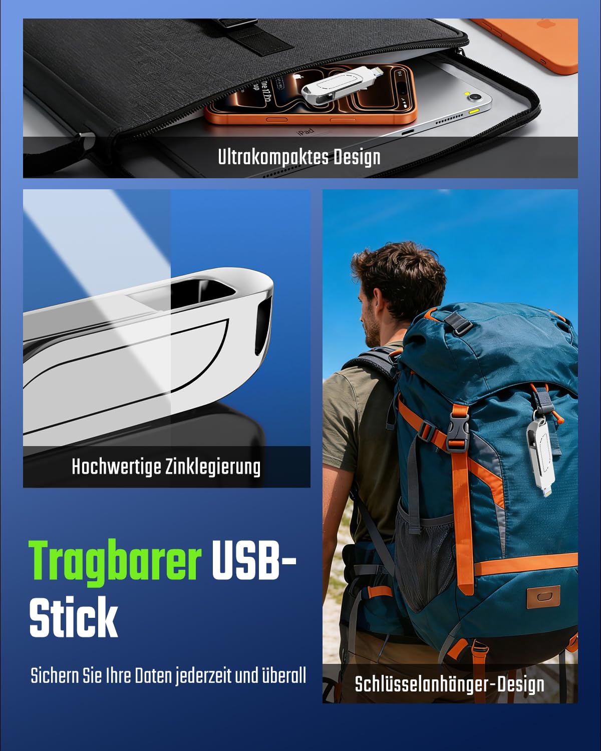 [Ohne App] USB Stick 256GB für iPhone, MFi USB C Stick,Lightning,USB-A | 3-in-1 Speicherstick für iPhone,iPad,OTG Android Handy,Mac,PC,USB 3.0 Flash Drive Externer Speicher für Fotos,Videos,Dateien