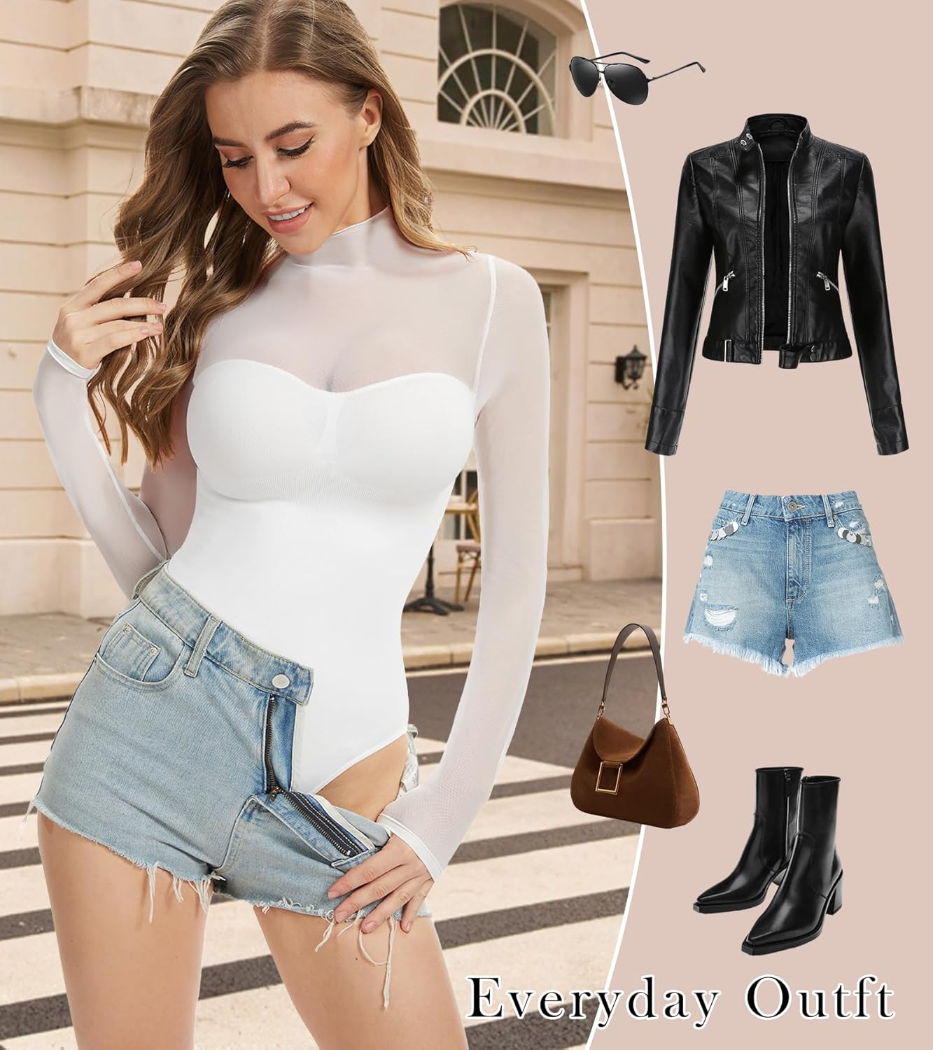 Women's Long Sleeve Shapewear Bodysuit for Tummy Control Body Suits Sheer Mesh Leotard Going Out Tops Fall Outfits