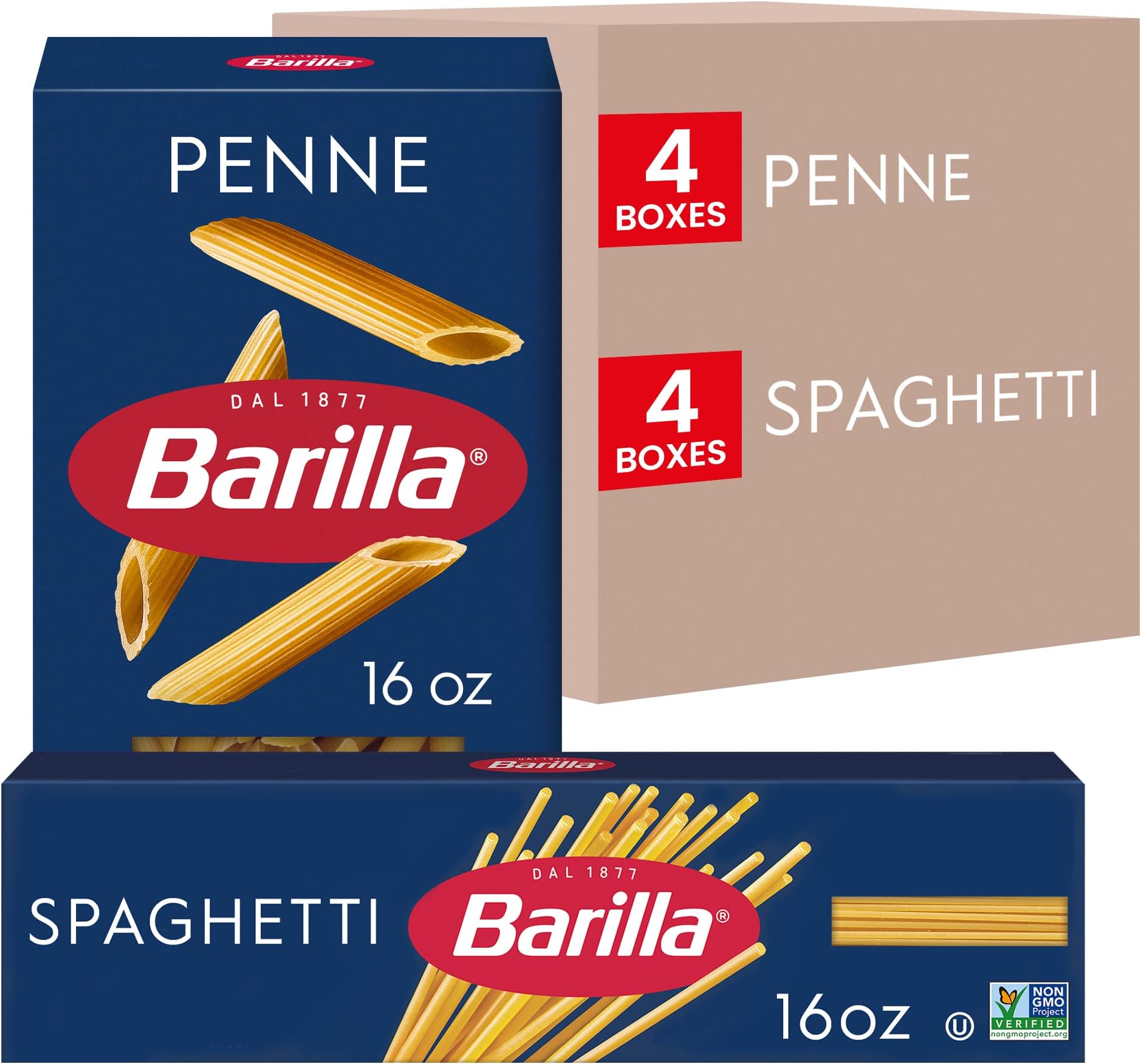 Barilla Penne & Spaghetti Pasta Variety Pack, 16 oz. Boxes (Pack of 8) - Non-GMO, Made with Durum Wheat Semolina - Kosher Certified