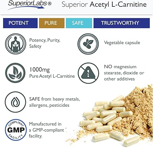Miniatura 4 de Superior Labs  Acetyl L-Carnitina 1000 mg  200 cápsulas  Máxima absorción  Cápsulas vegetales puras  Cero aditivos sintéticos  Absorción superior