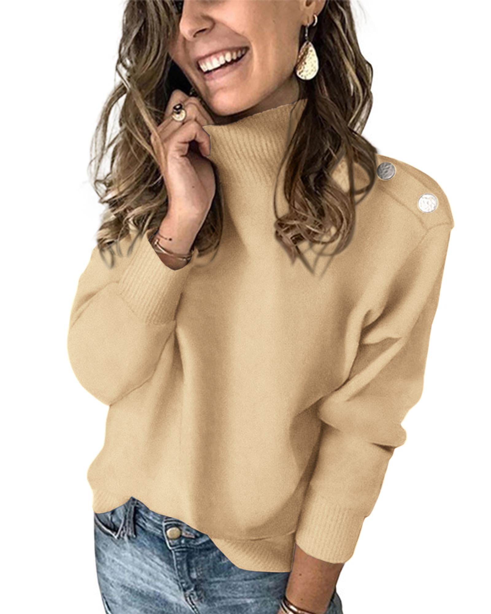 KIRUNDO Fall Sweaters for Women Striped Turtleneck Sweater | Ribbed Knit, Mock Neck, Long Sleeve, Trendy Pullover Jumper, Shoulder Decoration Button, 2026 Autumn Winter Fashion Clothing