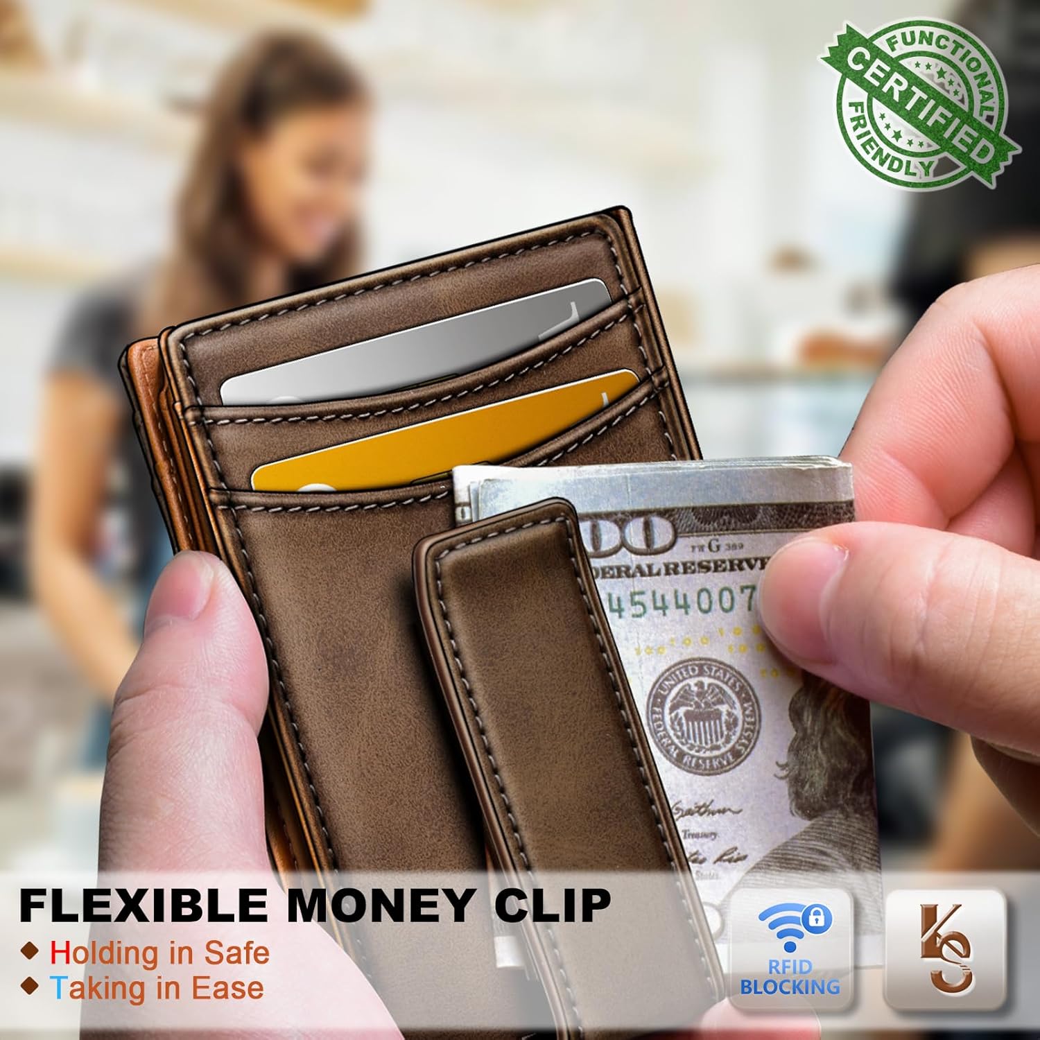 KEMISANT Men Wallet, Slim Leather Wallet Money Clip Magnetic Closure ID Windows 14Cards RFID Blocking