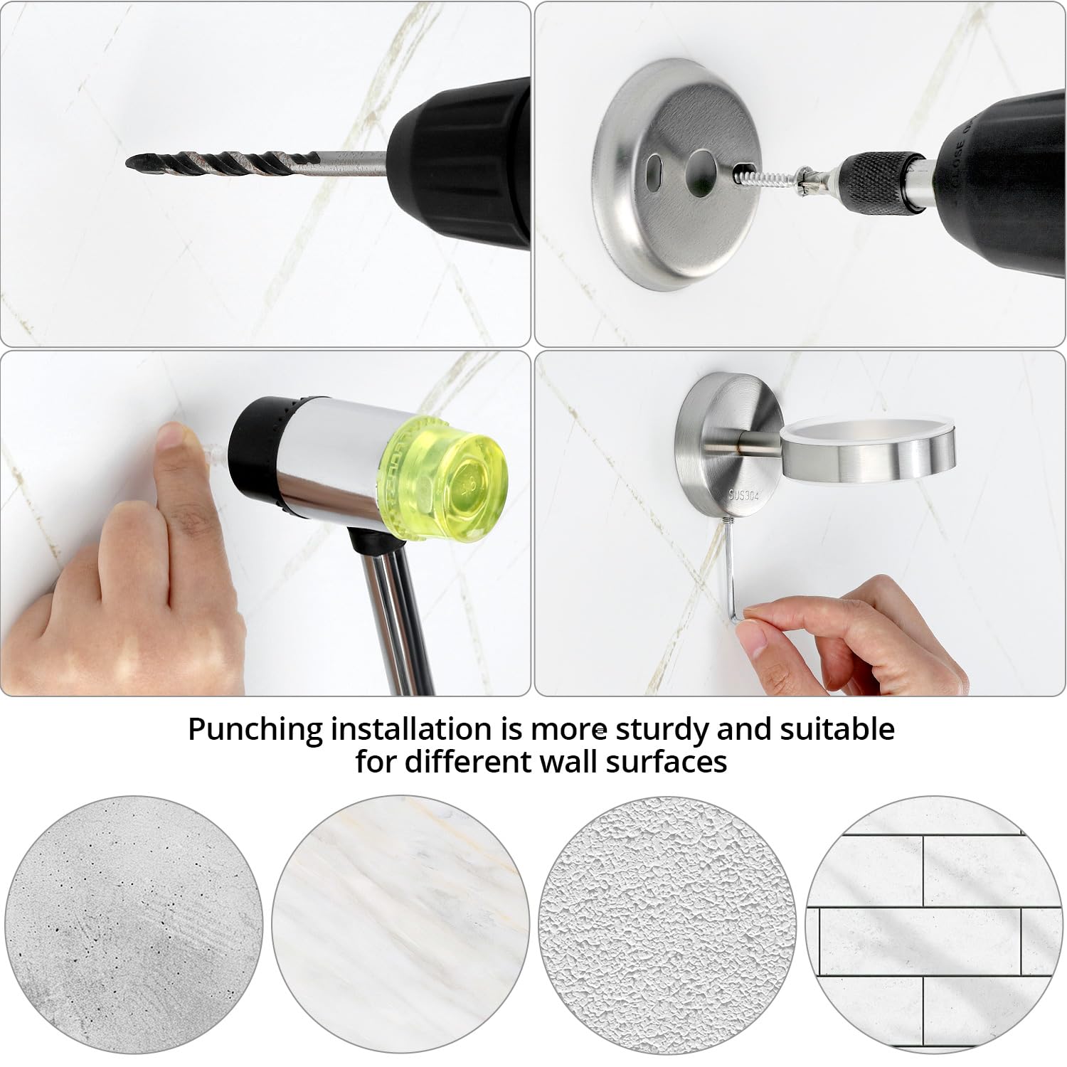 QWORK® Wandgemonteerde Tandenborstelhouder, Roestvrijstalen Tandenborstelhouder, Tandenborstelhouder met 1 Mondwaterbekers
