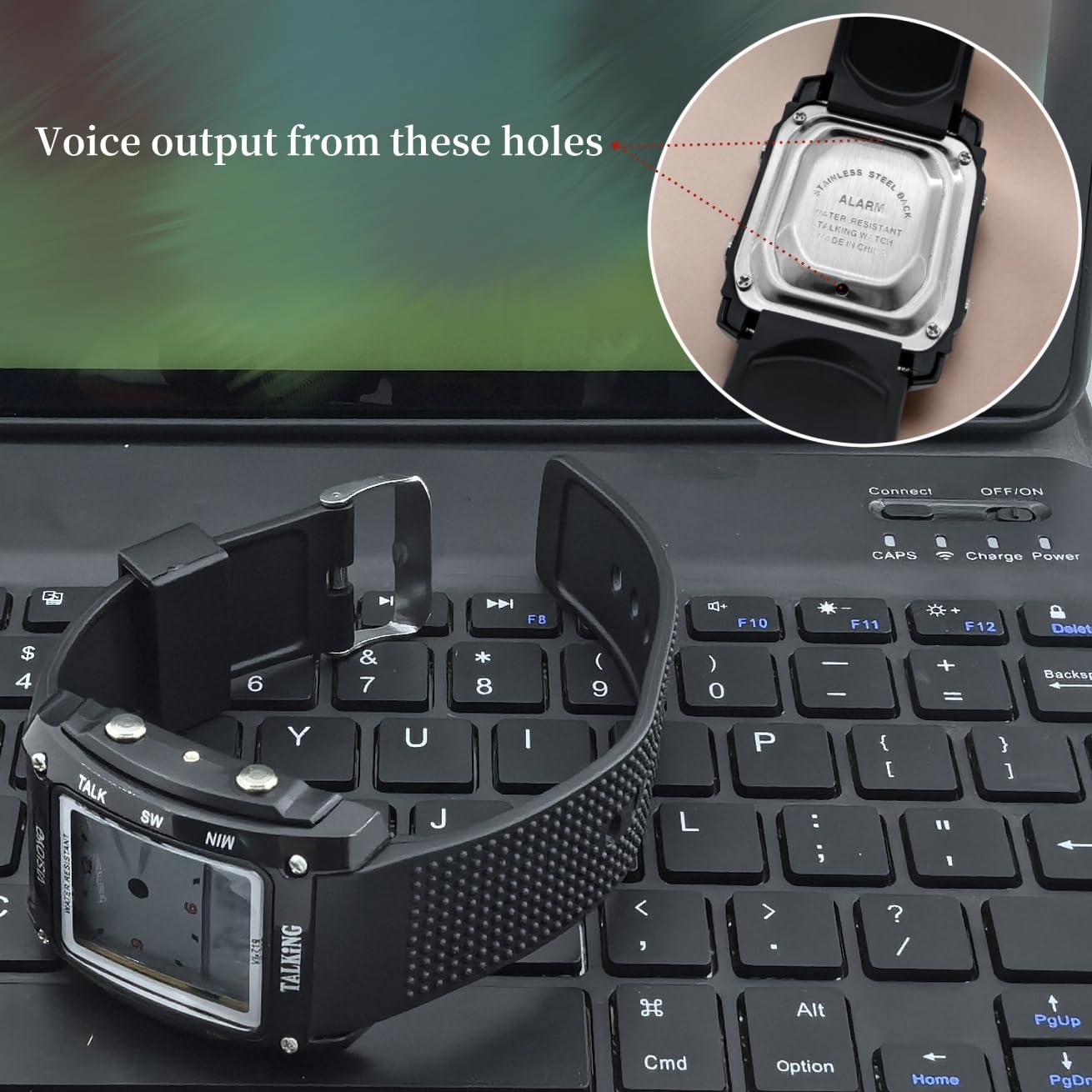 VI-719-TE - Orologio parlante rettangolare, analogico-digitale, con sveglia, annuncio vocale inglese, per non vedenti e anziani, nero