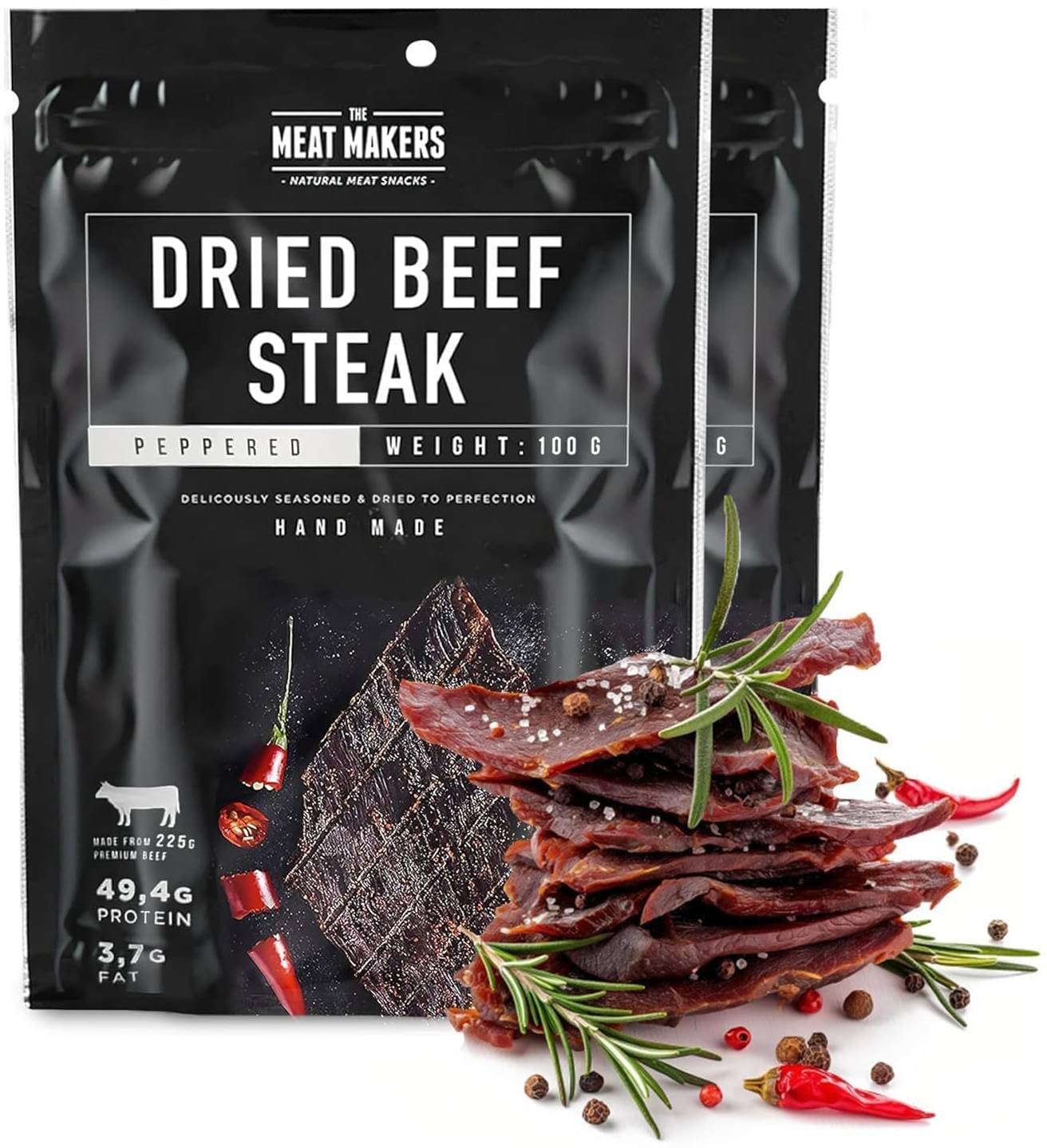 The Meat Makers | BIG PACK Spicy Peppered Dried Beef Jerky Steak (200g) - Viande Séchée de Boeuf