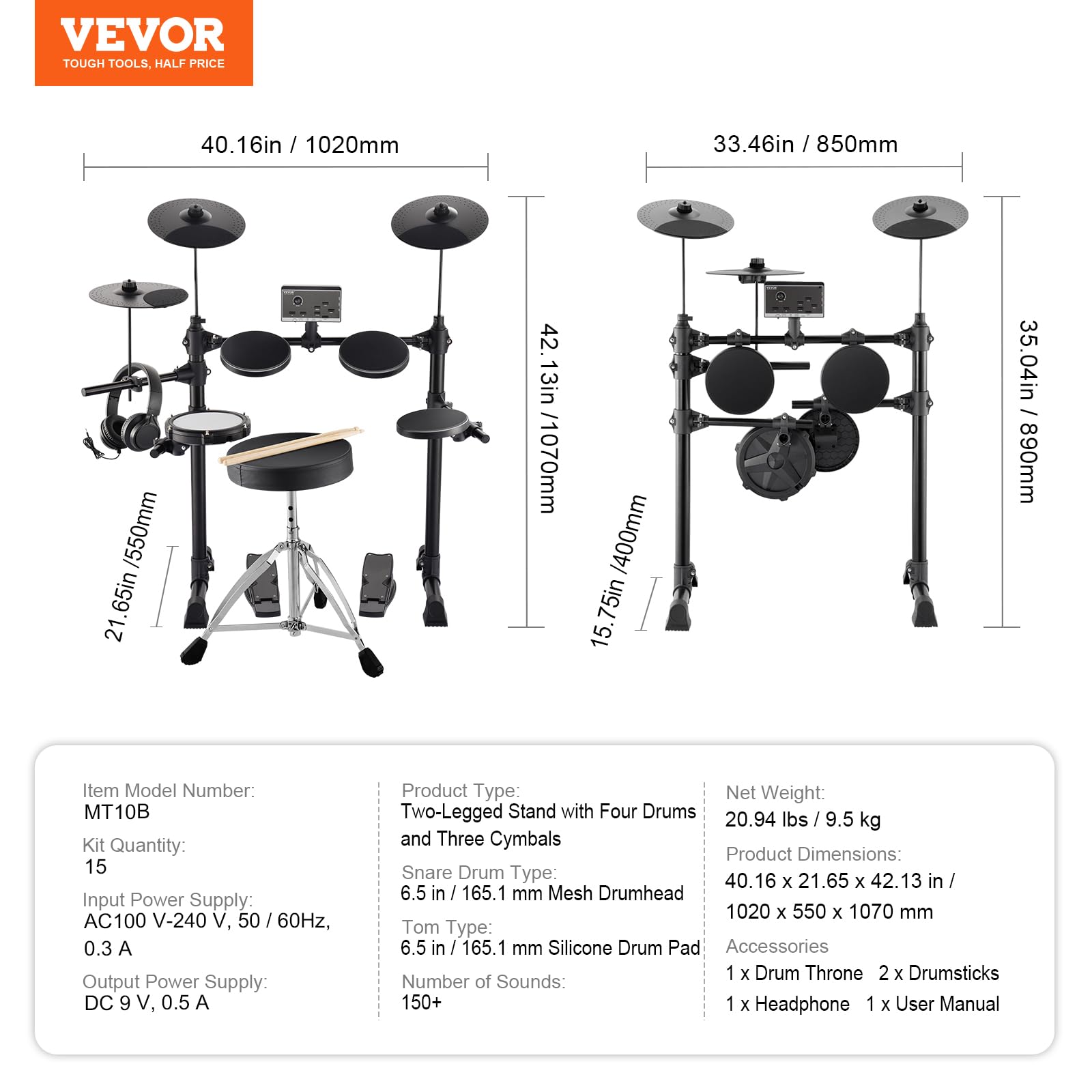 VEVOR Set di Batteria Elettronica 15 Kit 150 Suoni, Rullante Mesh 65,5 mm Con Supporto USB MIDI, Piatti, Bacchette, Cuffie - per Principianti e Adulti