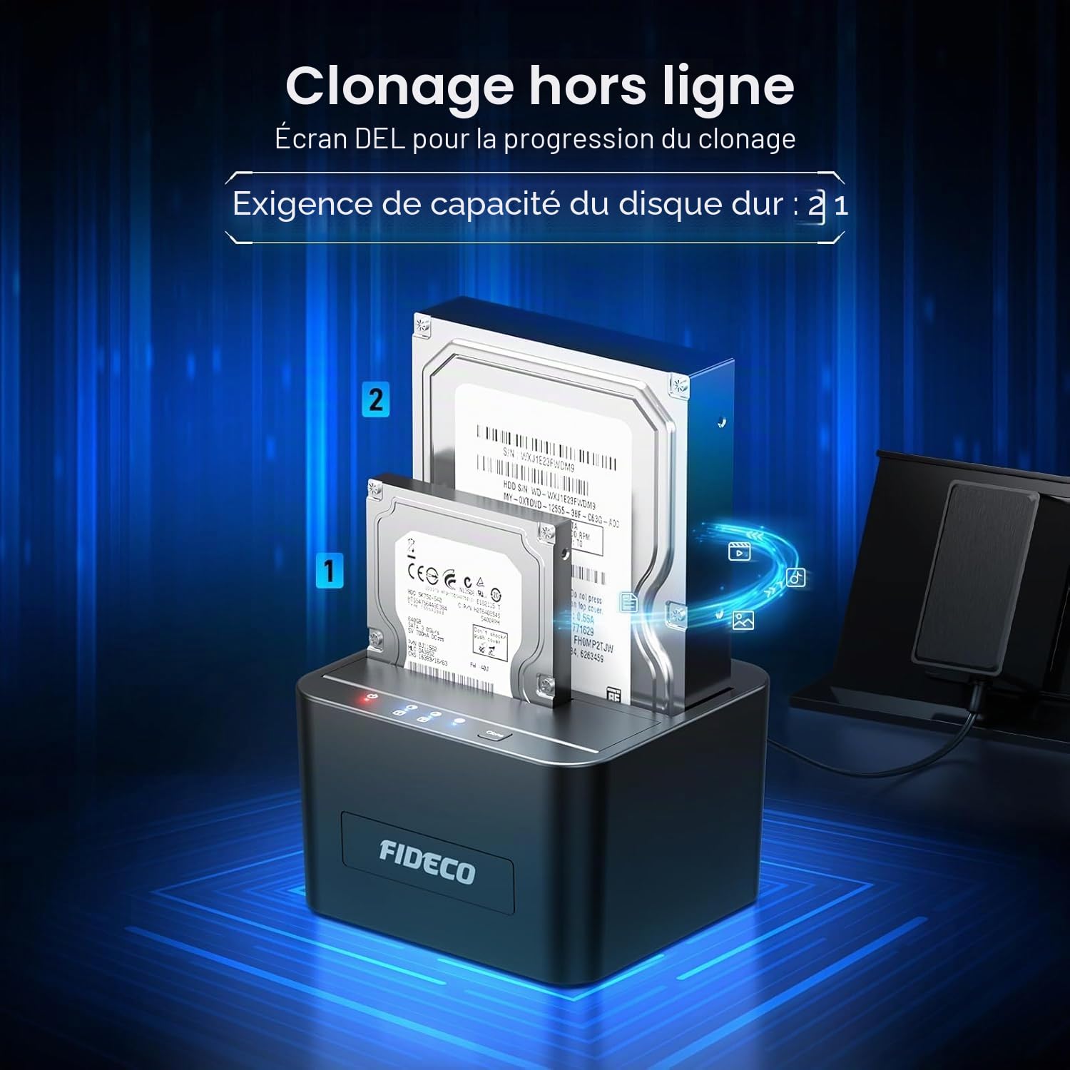 FIDECO Station d'accueil pour Disque Dur USB 3.0 Double Baie SATA HDD SSD 2.5 3.5 Pouces Clone Hors Ligne