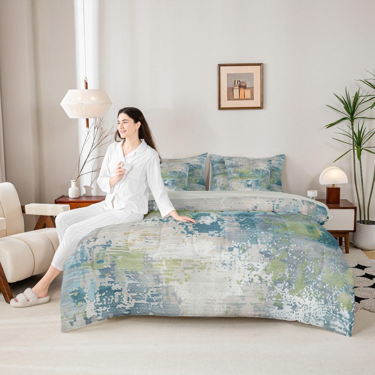 Erosebridal Watercolor Abstract Bed in a Bag Twin Comforter Set 7 Piece,Teal Blue Green Tie Dye Bedding Sets Modern Grunge Pastel Aesthetic Sheet Set with Comforter Ombre Gradient Room Decor