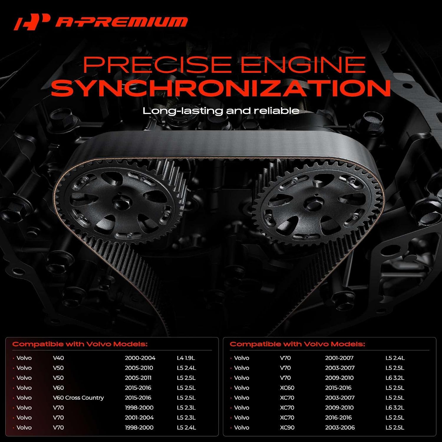 A-Premium Engine Timing Belt Compatible with Volvo XC60 2015-2016, XC90, S60, XC70, S80, C70, V60, C30, S40, V50, S60 Cross Country, S70, V40, V60 Cross Country, V70, 1.9L 2.3L 2.4L 2.5L 3.2L