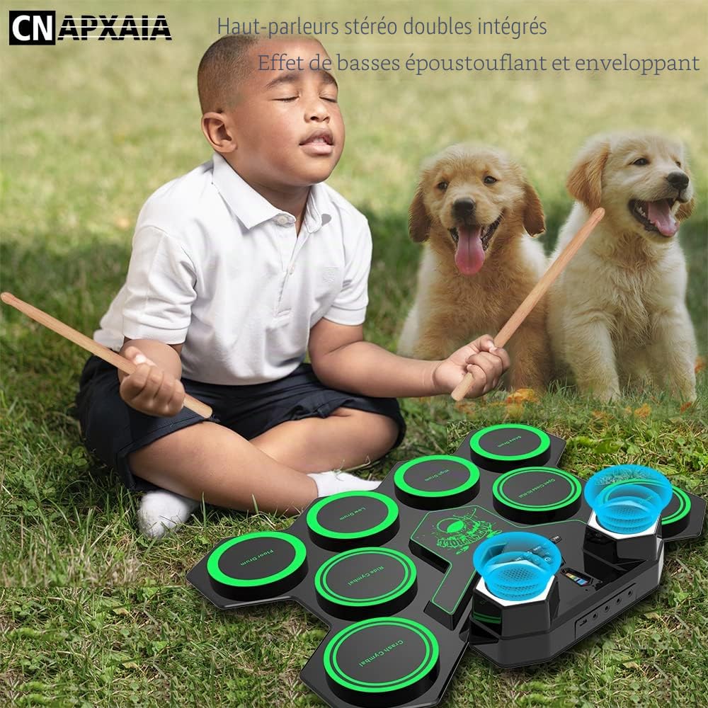 CNAPXAIA Kit de Batterie Électrique - 9 Pads Portatif E-Drum Set avec Haut-Parleur Intégré/Pédales/Baguettes, Batterie Bebe Musique Instrument pour Enfants, Fêtes, Anniversaires et Cadeaux