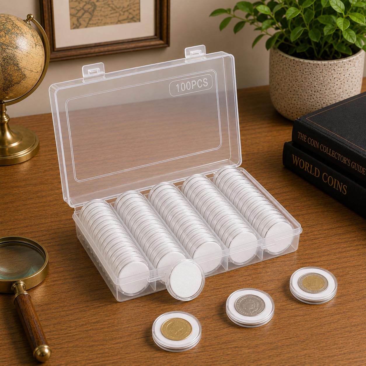 Coin Collection Storage Box | Clear Plastic Coin Organizer with 100 Slots | Compatible with 17-30mm Coins, Trade Tokens, Challenge Coins & Collectibles (White)-image-30