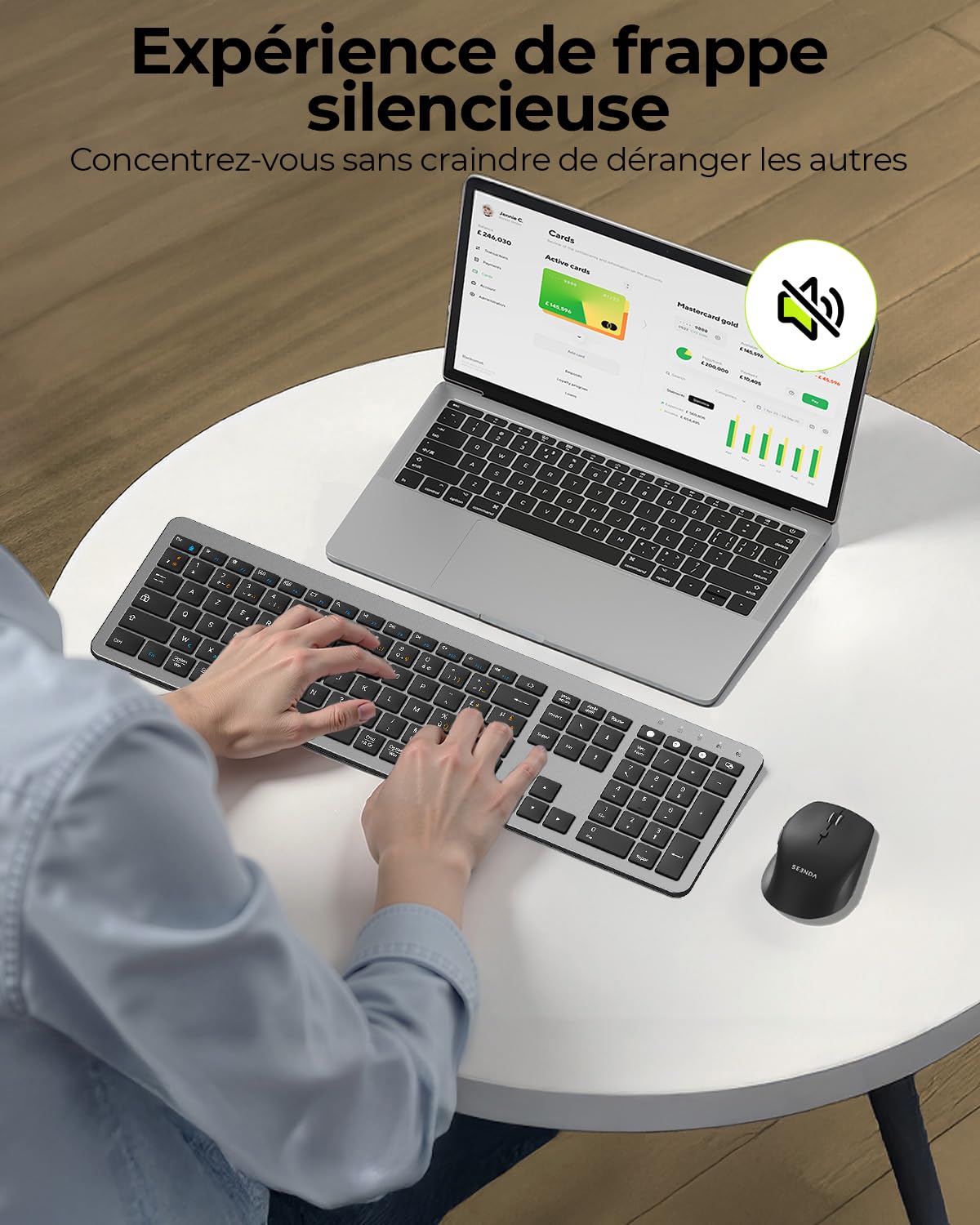seenda COE300 Clavier Souris sans Fil Bluetooth AZERTY | Connexion Multi-Appareils, Silencieux, Ultra-Fin Clavier, Souris 4 Niveaux DPI, Compatible Windows/Mac OS/iPad/Android