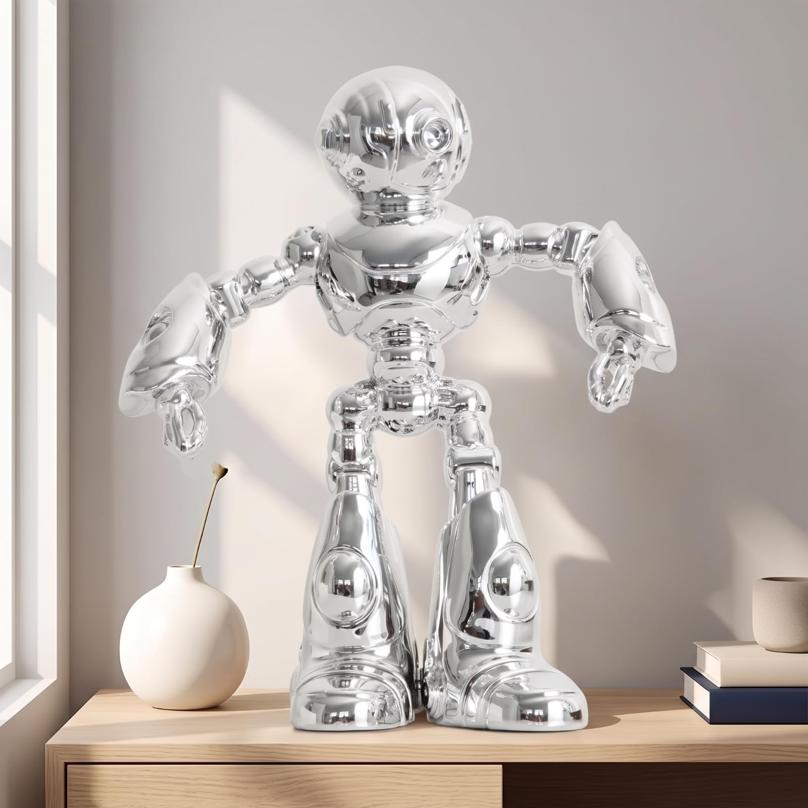 Roboterfigur Silbern Roboter-Figur Verspiegelt Roboter-Skulptur für Wohnzimmer, Schreibtisch, Büro