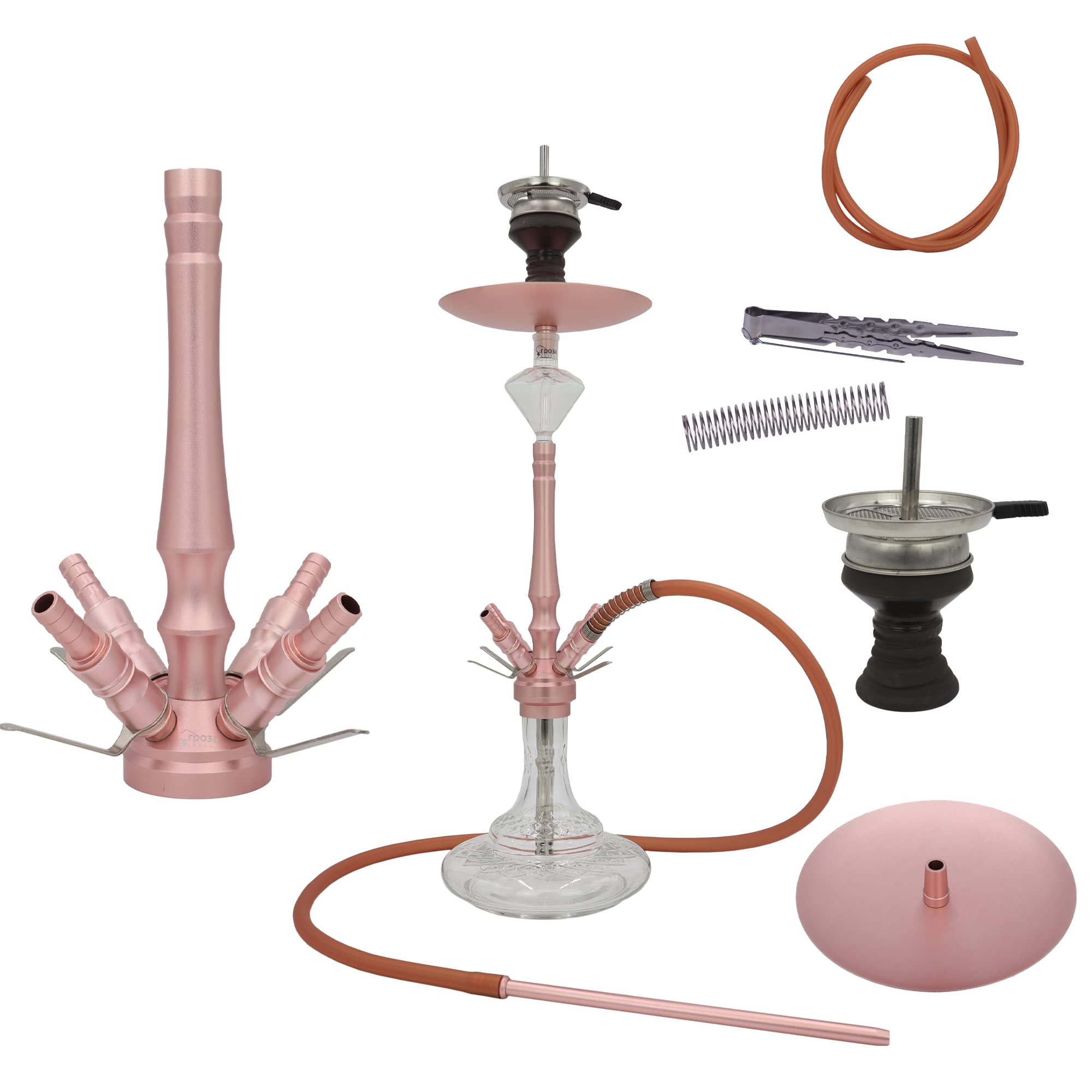 DIAMOND HOOKAH Premium Mittel Aluminium RPO3A Shisha Set, Wasserpfeife Shisha Edel Komplettset mit 4 Anschlüsse. 18/8 Schliff, Klickanschluss und Diamanten Molassefänger (Rose Gold)