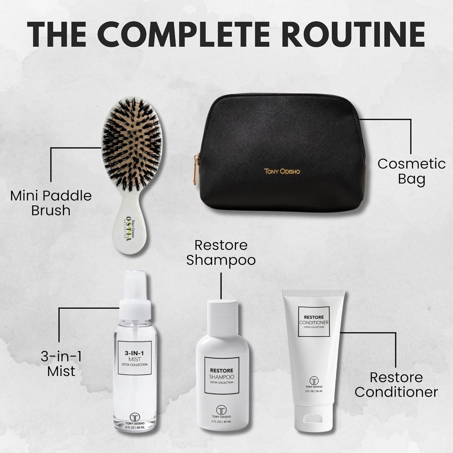 Restore Mini Maintenance Kit - Travel Size Hair Care Set for All Hair Types & Extension Maintenance with Shampoo, Conditioner & 3-in-1 Mist Spray, Paddle Brush & Cosmetic Bag