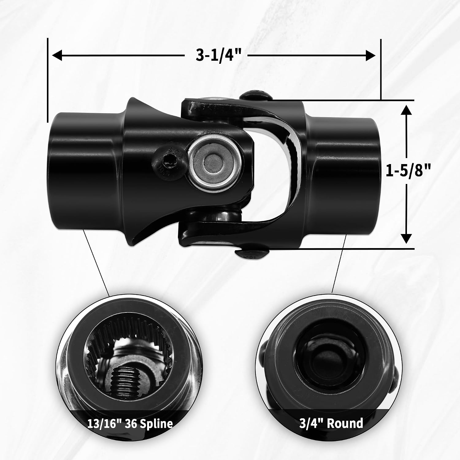 13/16"-36 Spline X3/4" Round Black Steering Universal Joint Single U Joint Shaft,Total Length: 83mm (3-1/4")
