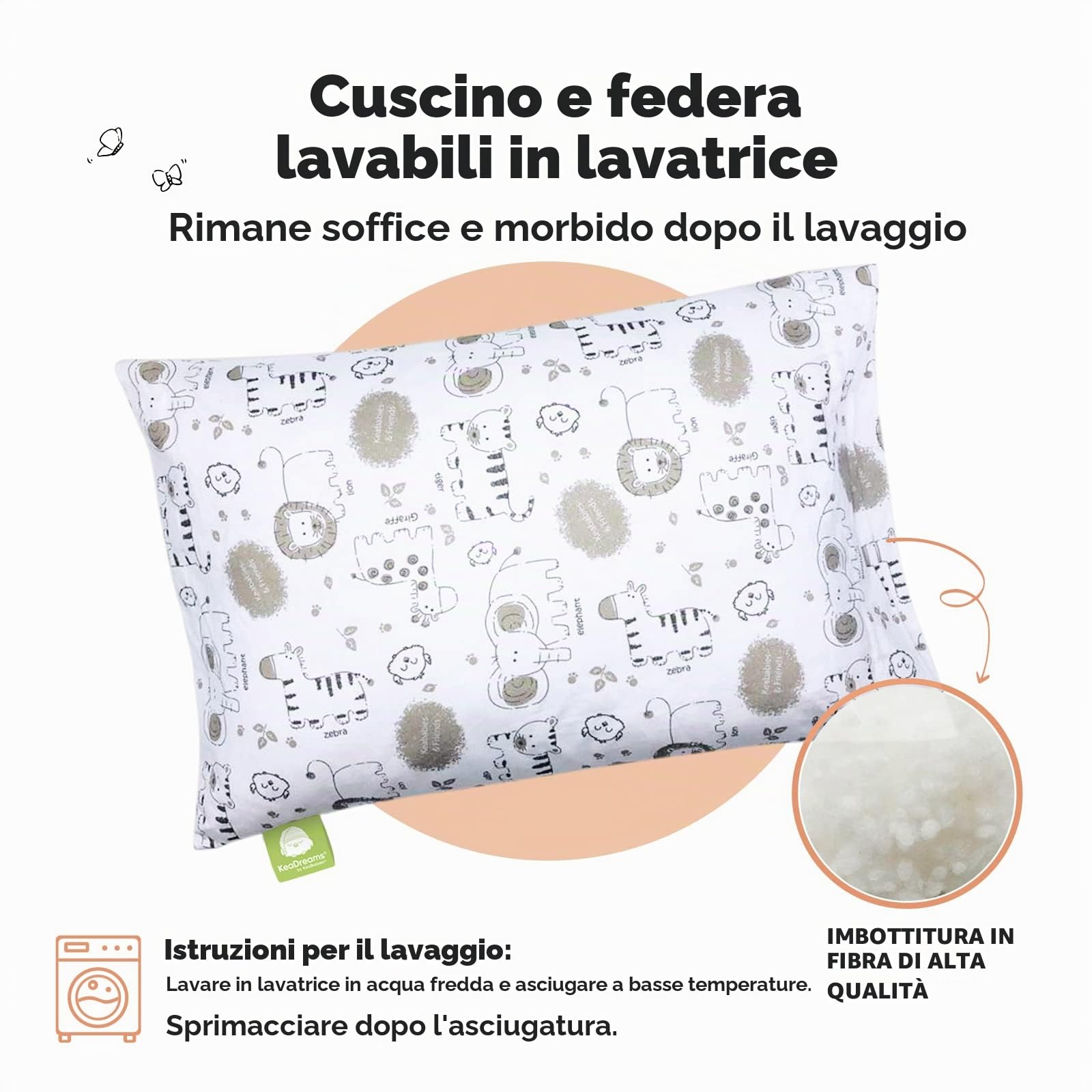 KeaSafari - Cuscino per bambini con federa, morbido cotone biologico, per dormire, lavabile, per bambini