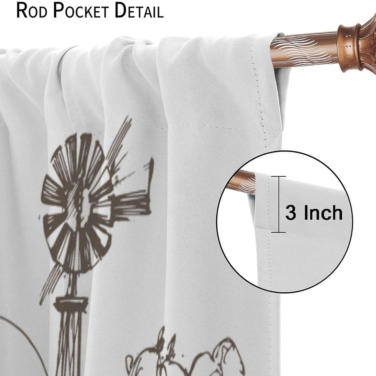 Windmill Farm Blackout Curtain, Rustic Barn Farmhouse Hand Drawn Illustration Countryside Rural Meadow, Bedroom Living Room Kitchen Decor ，Dark Brown and White 42" W X 45" L