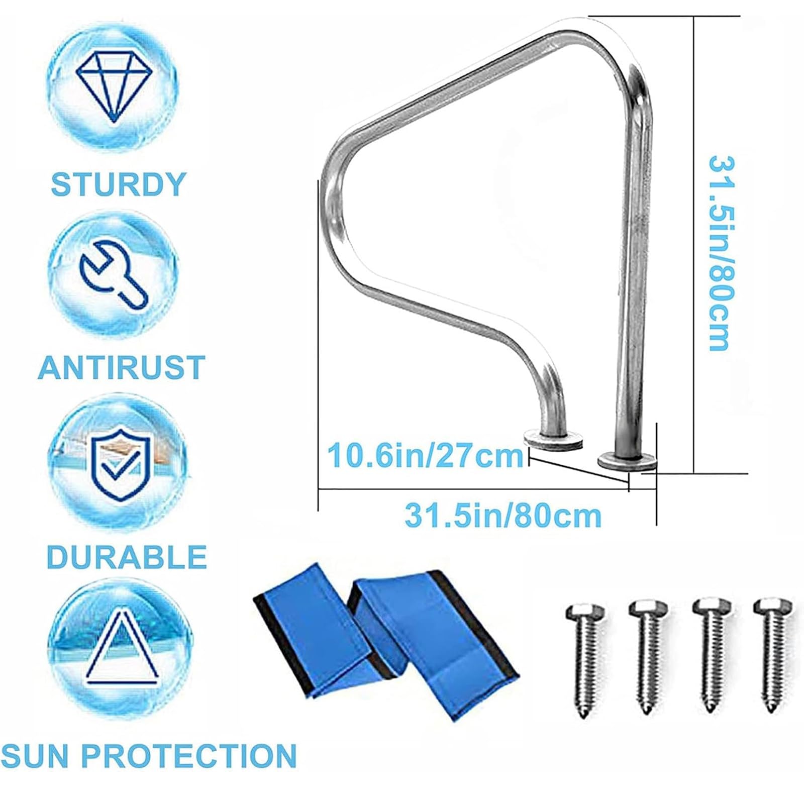 Barandilla para Piscina, pasamanos de Acero Inoxidable 304 para Piscinas - Asas ergonómicas de 3 Curvas, barandillas para escaleras de Piscinas fáciles de Instalar para Piscinas y spas, robu