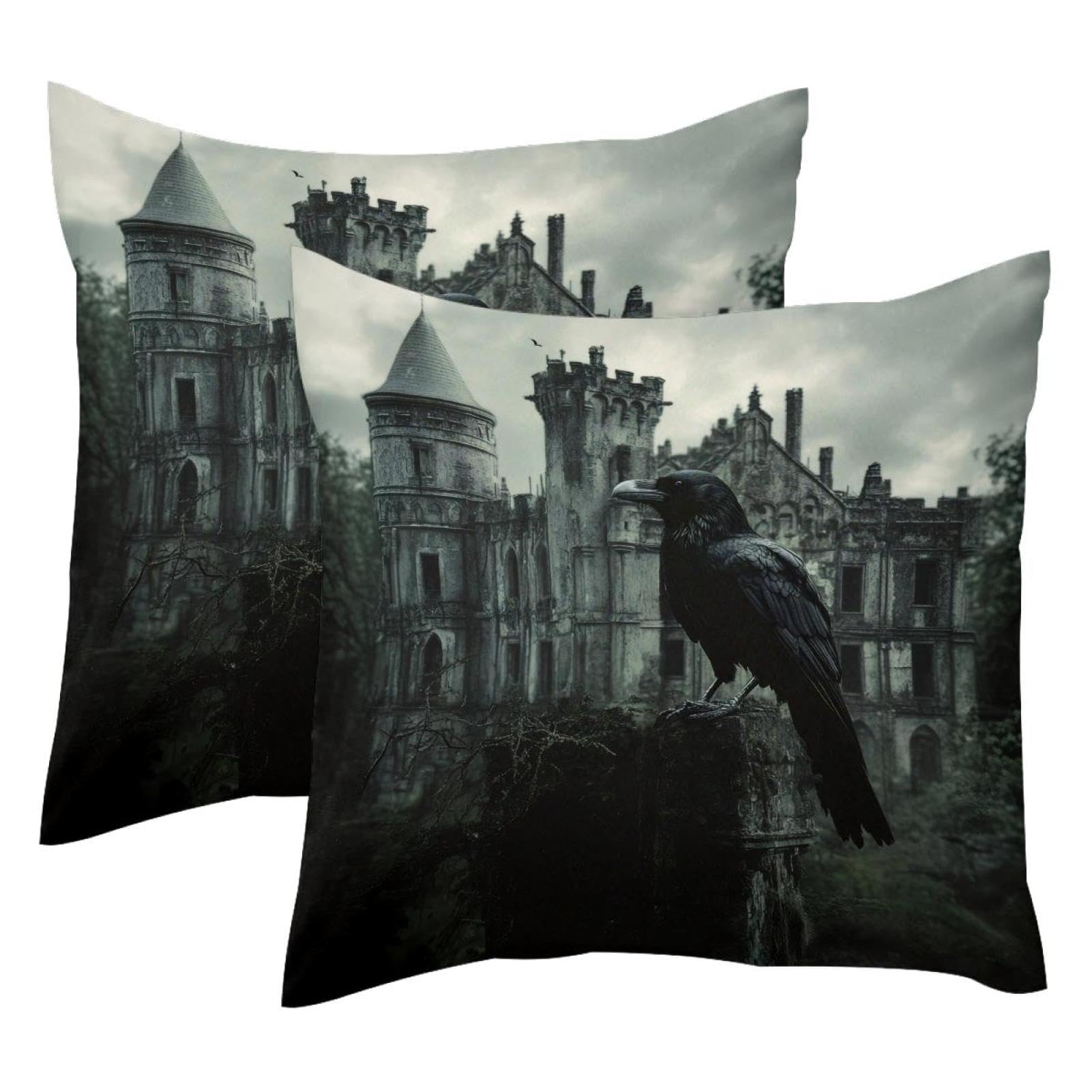 Housses de coussin velours 50x50 cm motif corbeau vieux château lot de 2