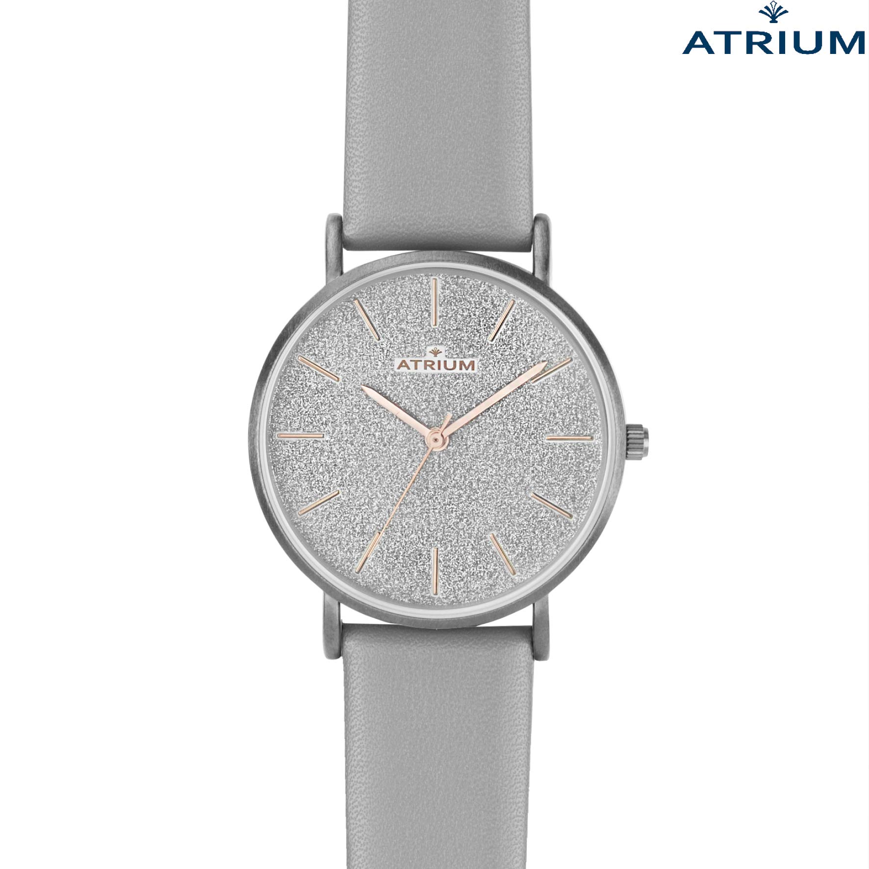 ATRIUM Damen Armbanduhr Analog Quarz mit Lederimitat Armband vegan und Glitzer Zifferblatt silberfarben A35-10