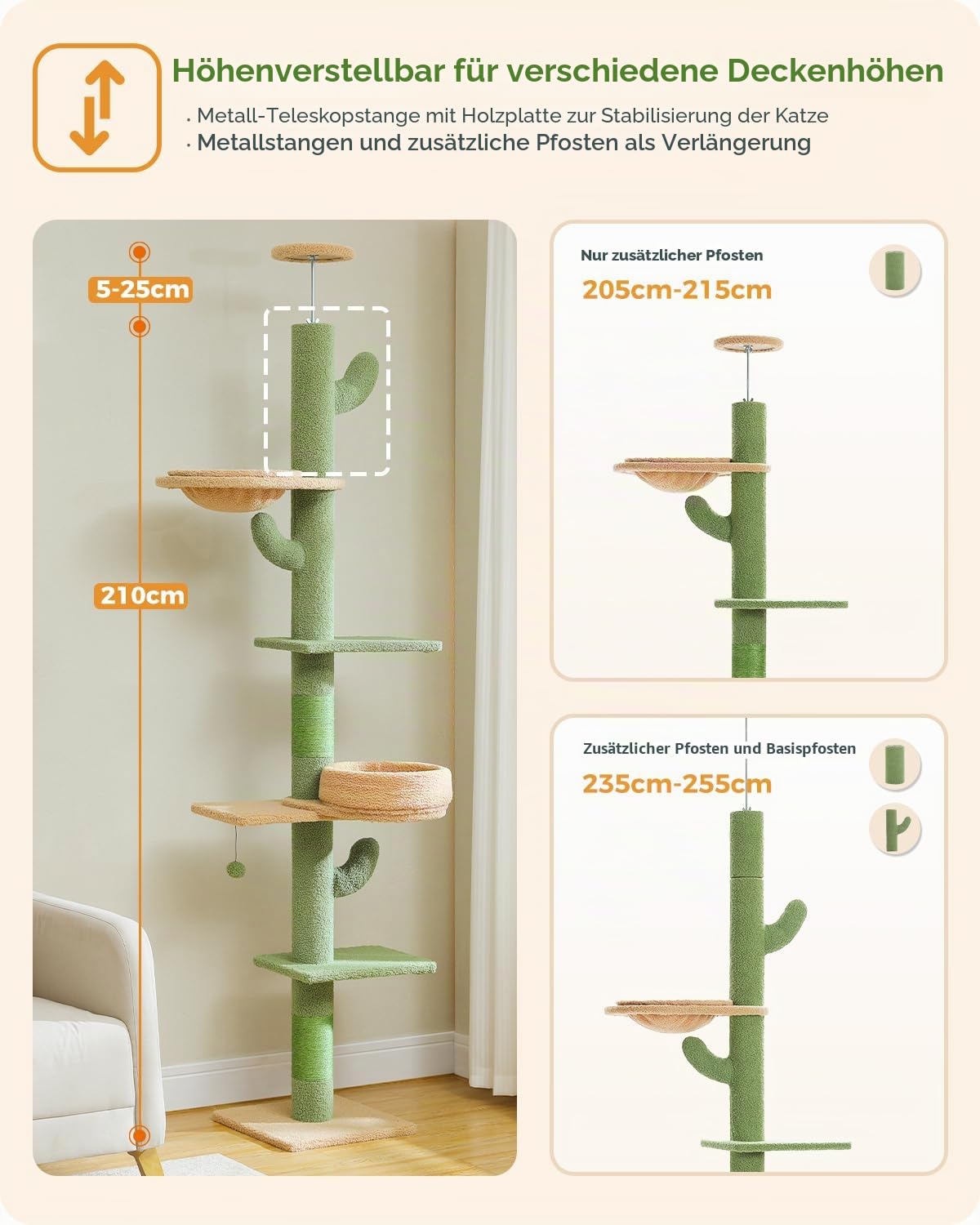 PAWZ Road Kaktus-Katzenbaum mit 5 geräumigen Plattformen, 10,5 cm dicken Kratzstämmen, austauschbare Hängematte und baumelnde Bälle für Indoor-Katzen, verstellbar