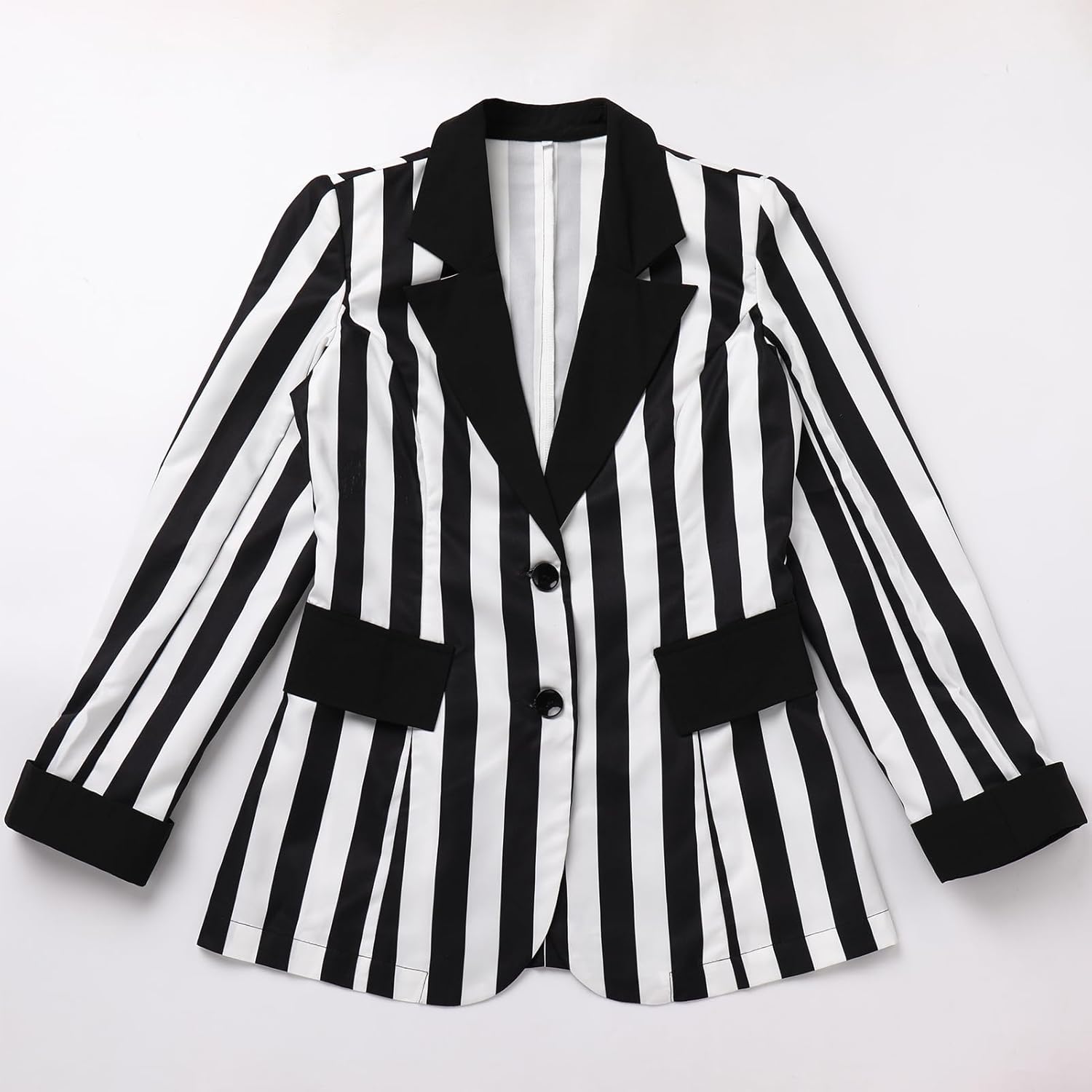 IMEKIS Women Black and White Striped Blazer Jacket Long Sleeve Single-Breasted Buttons Office Blazer Halloween Cosplay - Image 6