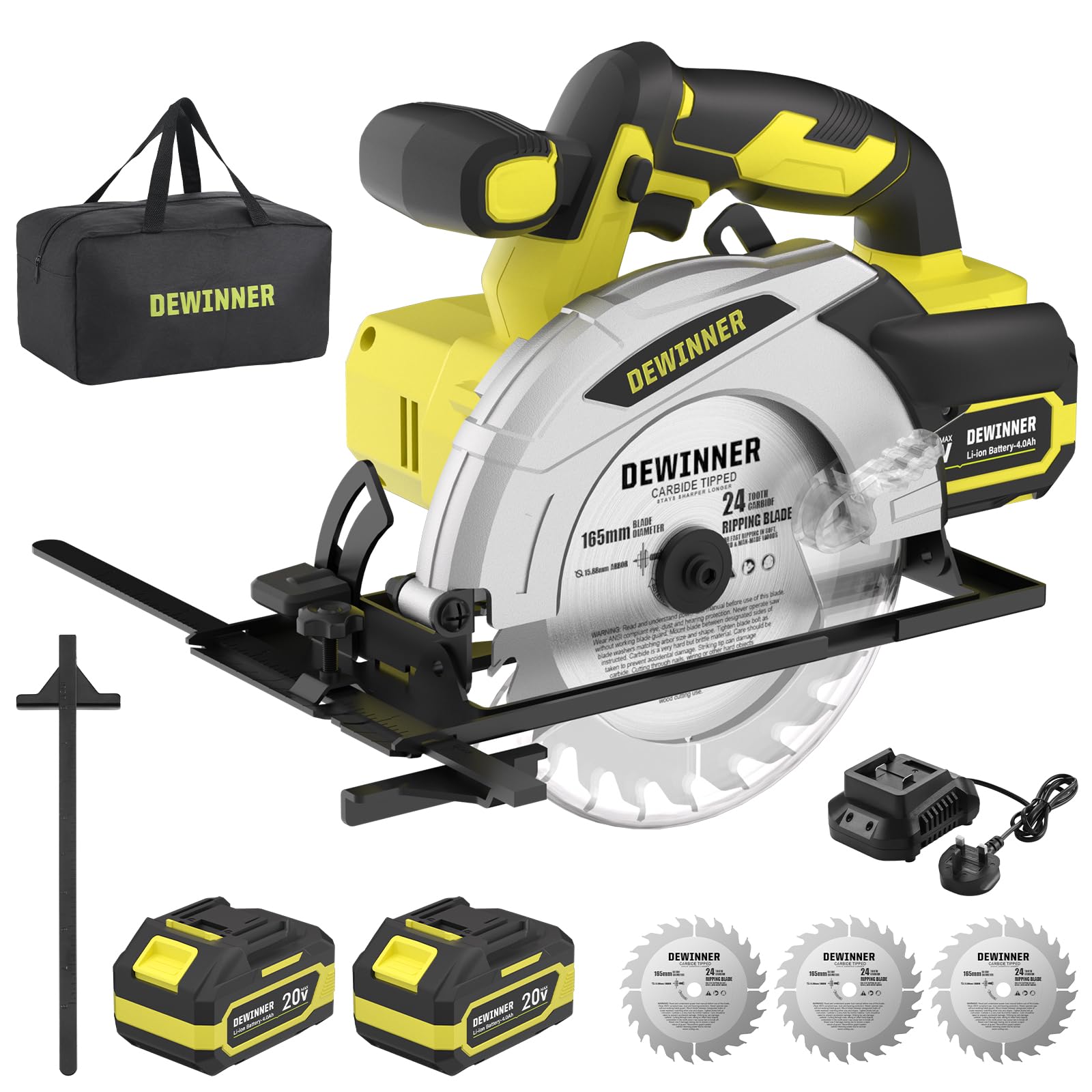 DEWINNER Sierra Circular Inalámbrica,Sierra Circular de Mano 4000RPM con Batería 4.0Ah,Corte 54mm(90°)-38mm(45°), 3 Hojas 165mm 24Dientes + Bolsa Lona, Ideal para Corte Madera (Dos Baterías)