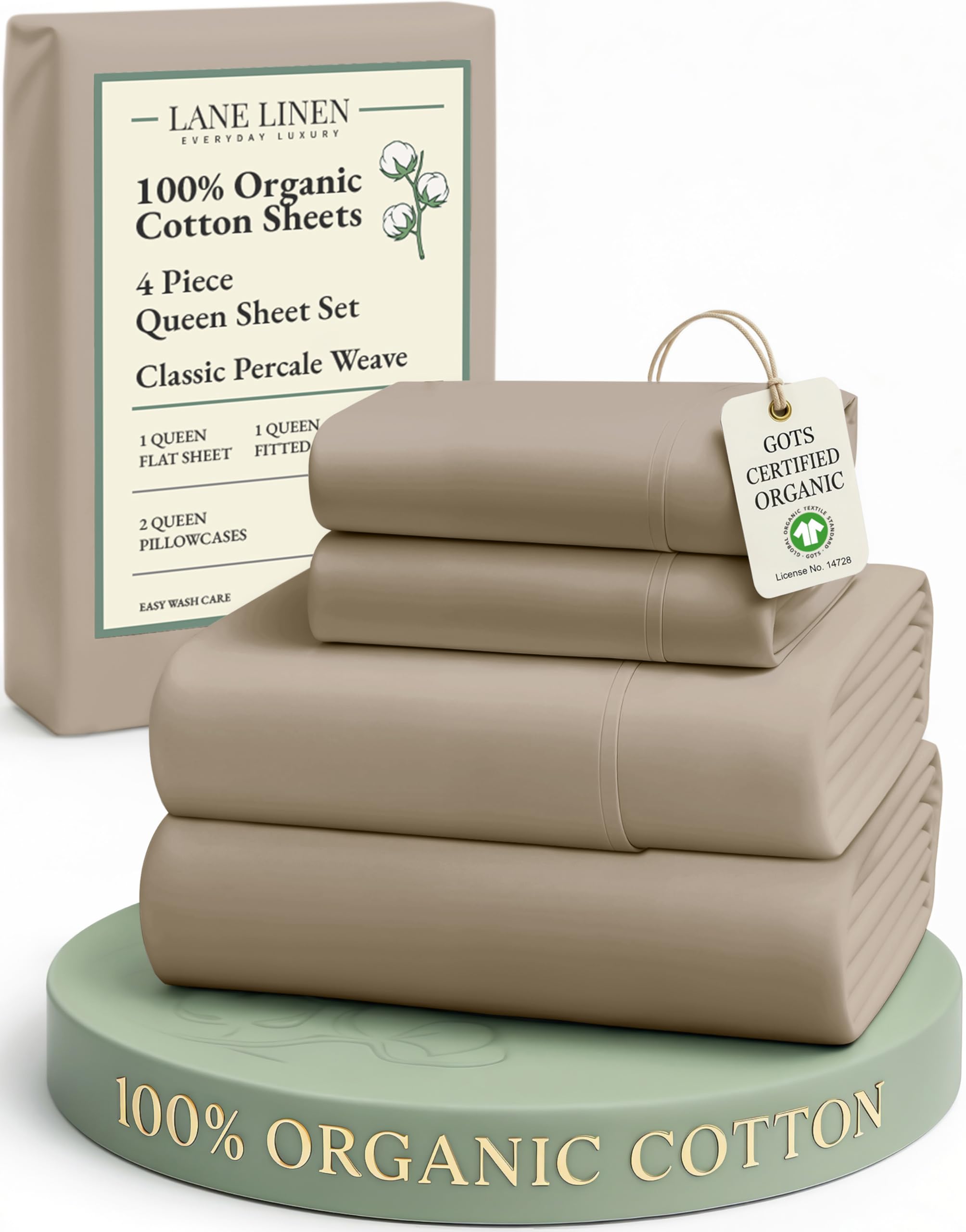 Photo 1 of LANE LINEN 100% Organic Cotton Sheets Set Pure Long- Staple Percale Weave - Bedding for Bed Fits Mattress Upto 15" Deep Pocket (Queen Taupe)