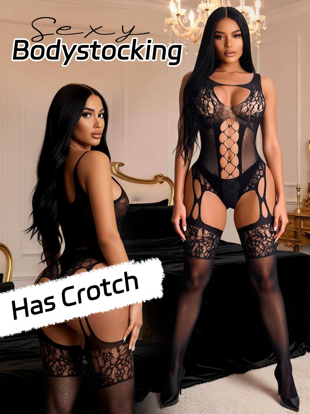 Buitifo Womens Fishnet Bodystocking Plus Size Crotchless Bodysuit Sexy Tights Soft Nightwear Lingerie: One Size Black Xxd