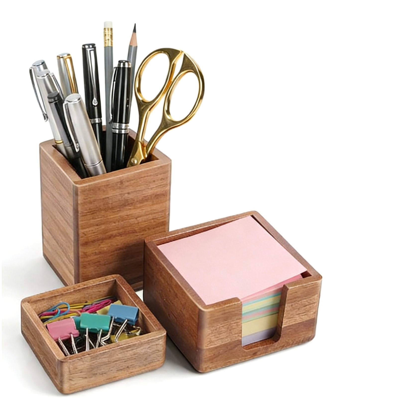Domemit Wooden Desk Organiser, Pen Holder Pencil Pot, Sticky Note Holder, Paperclip Holder, Solid Acacia Desk Tidy Stationary Organiser Office Supplies Decoration, Gifts for Teacher, Men, Women