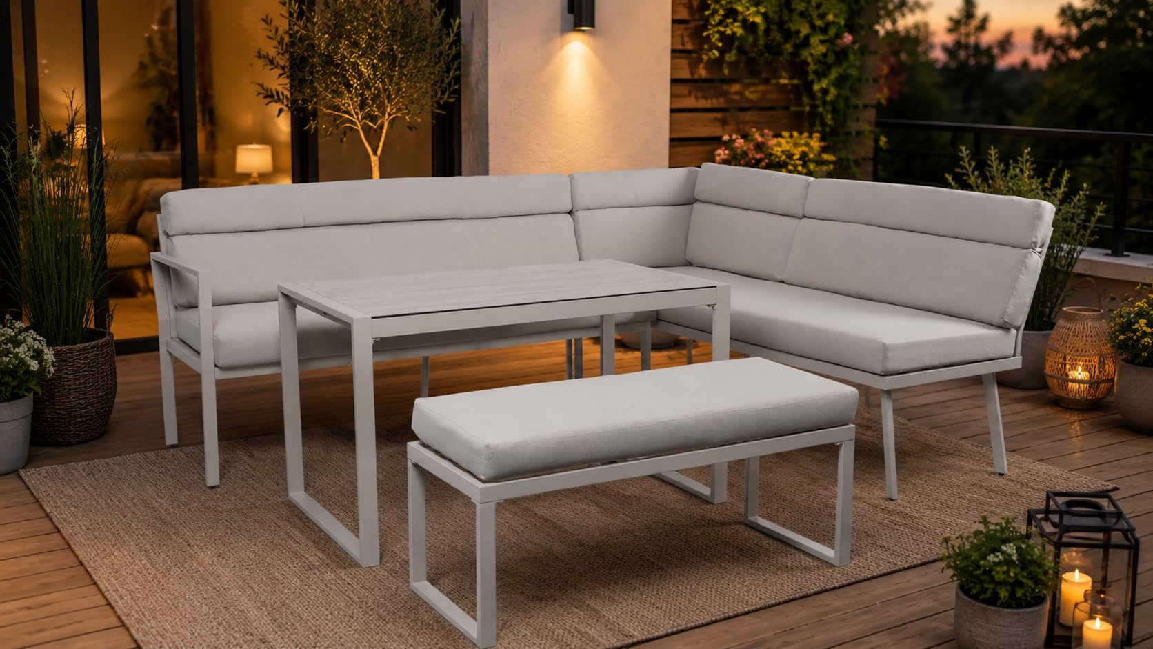 Koll Living Outdoor Lounge-Set Celia | Modernes Gartenmöbel Set in Beige | Wetterfest & UV-beständig | robuste Stahlkonstruktion | Gartenlounge mit Eckbank, Sitzbank & Tisch
