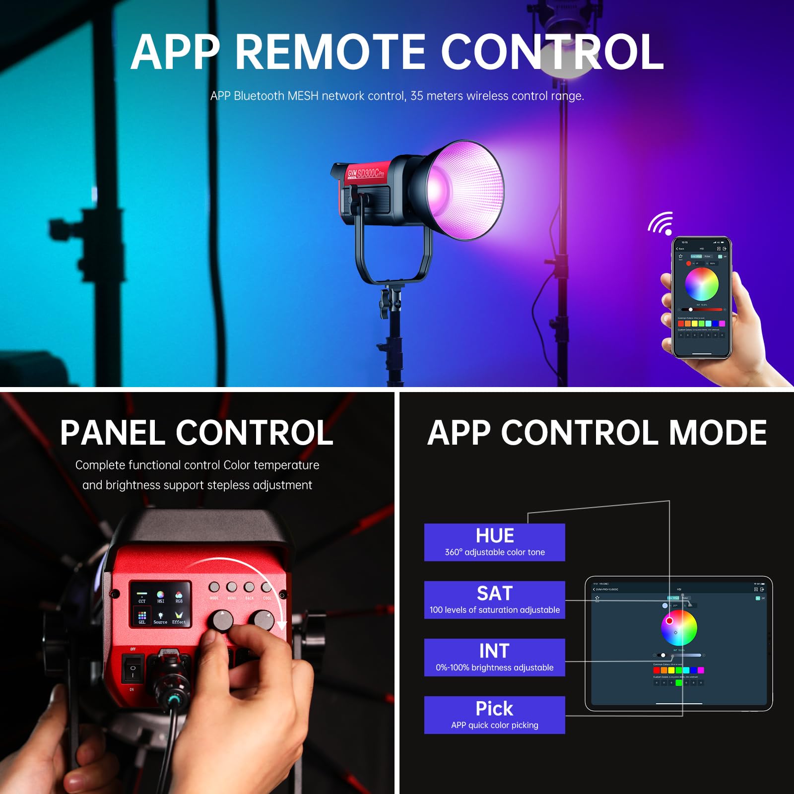 GVM Lampe Video RGB 300C, Luce Studio 300W per Registrazione Film, 16 Effetti, Illuminazione Fotografia 2000K-10000K con Attacco Bowens e Controllo DMX