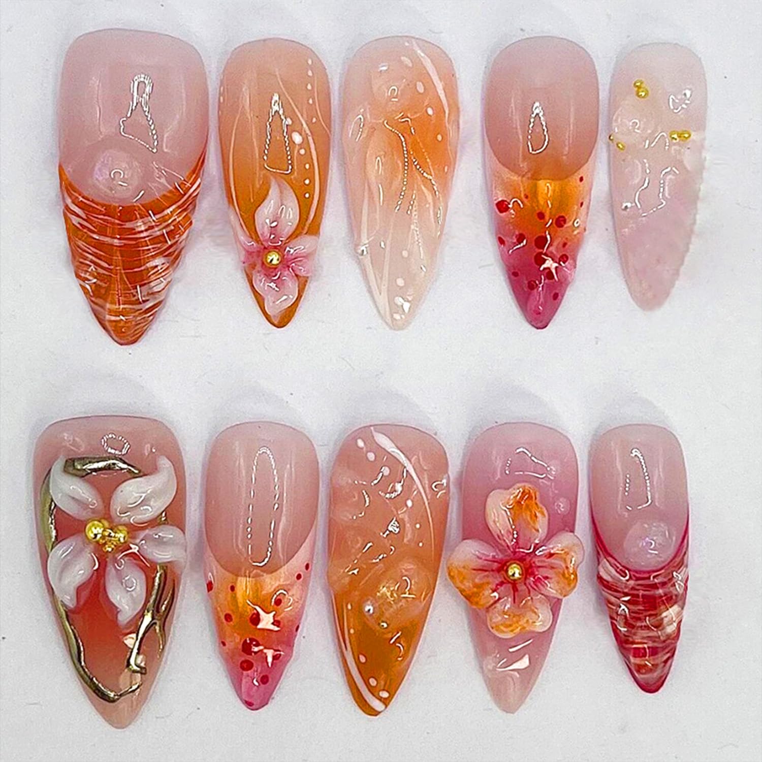 24Pcs Red Flower Press on Nails Medium Almond French Tip Fake Nails with 3D Gilding Rhinestones Design Spring Summer False Nails Full Cover Artificial