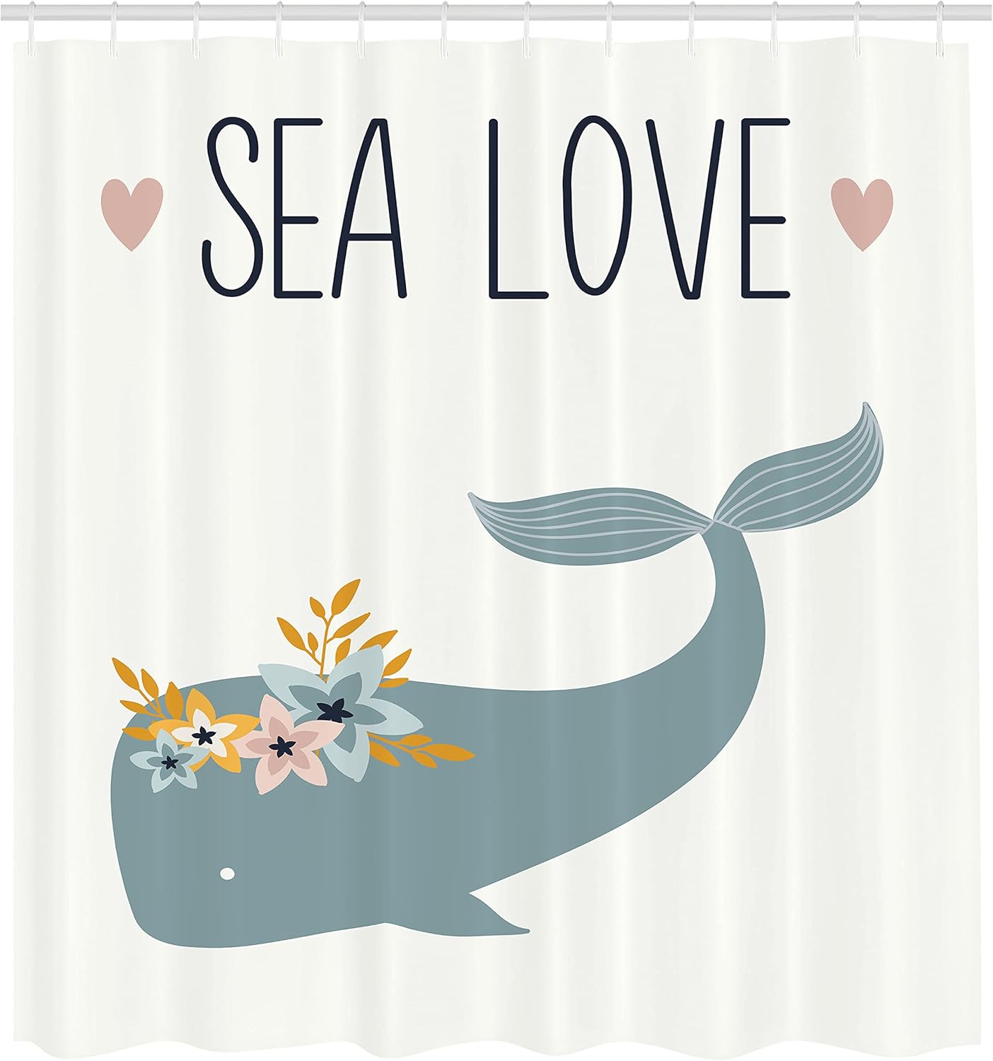 Ambesonne Summer Shower Curtain, Sea Love Text with Hearts Whale Wearing Flower Wreath Underwater Animals, Cloth Fabric Bathroom Decor Set with Hooks, 69" W x 75" L, Blue White