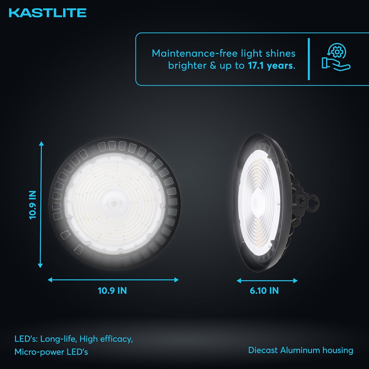 KASTLITE 11" Dimmable 3-Way LED UFO High Bay Light, 100/125/150W, 35000K-5000K Color Selectable, 16000-24000 Lumens, 120-277V, White - Garage Office Warehouse Home Commercial Lighting