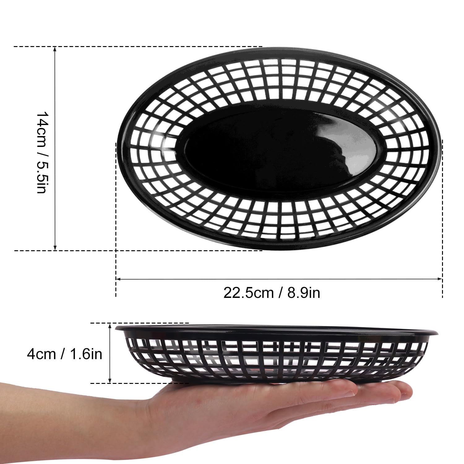 90 Pcs 9 x 5.7 Inch Reusable Oval Fast Food Baskets, Sturdy Plastic Serving Baskets for Fast Food, Parties, Picnics, BBQs and Snacks, by KUKLIPJIM.(Black)