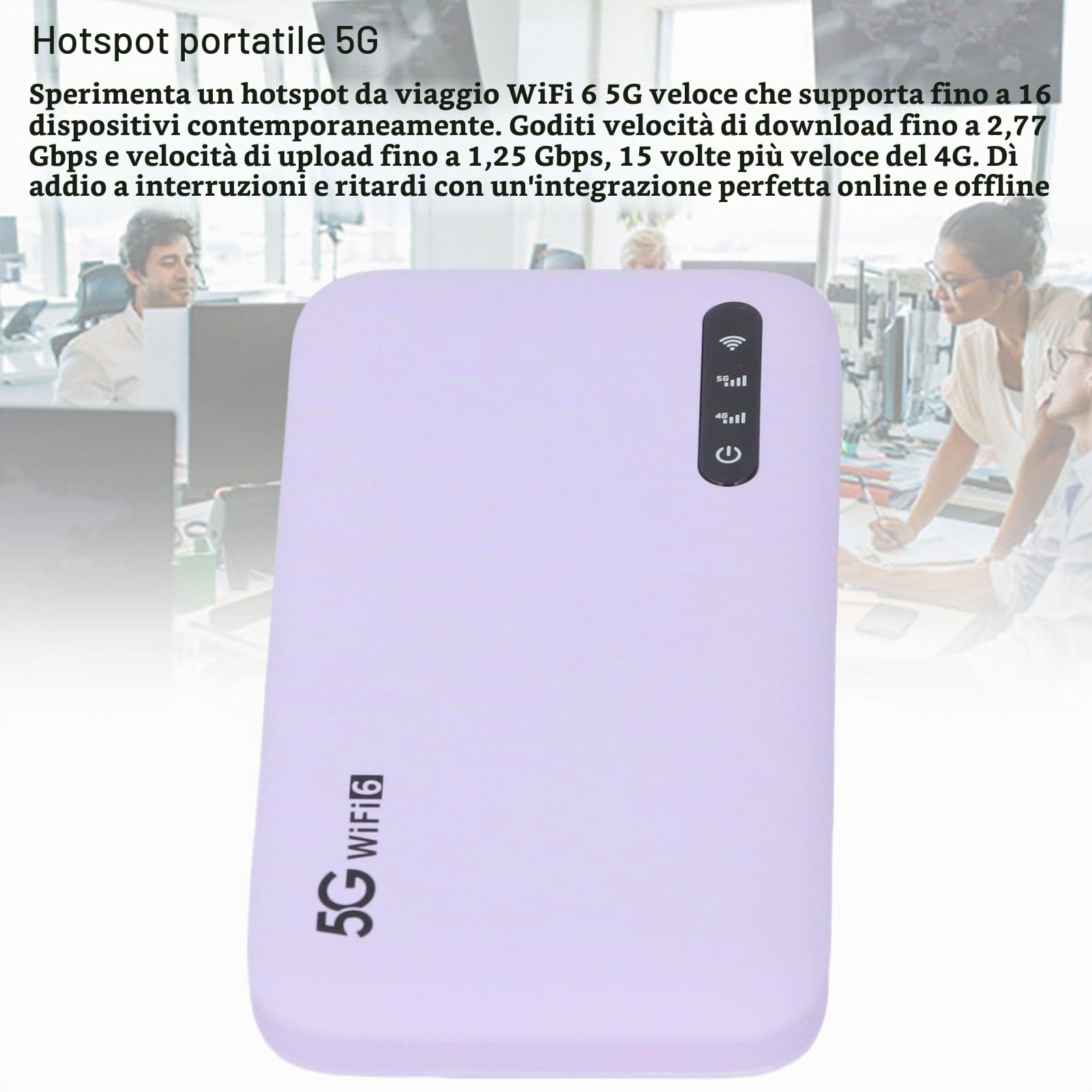 5G Mobile Hotspot WiFi 6 Travel Router con Batteria da 6100 MAh e Supporto Slot Nano SIM 16 Dispositivi 2,77 Gbps Speed IP67 Purple