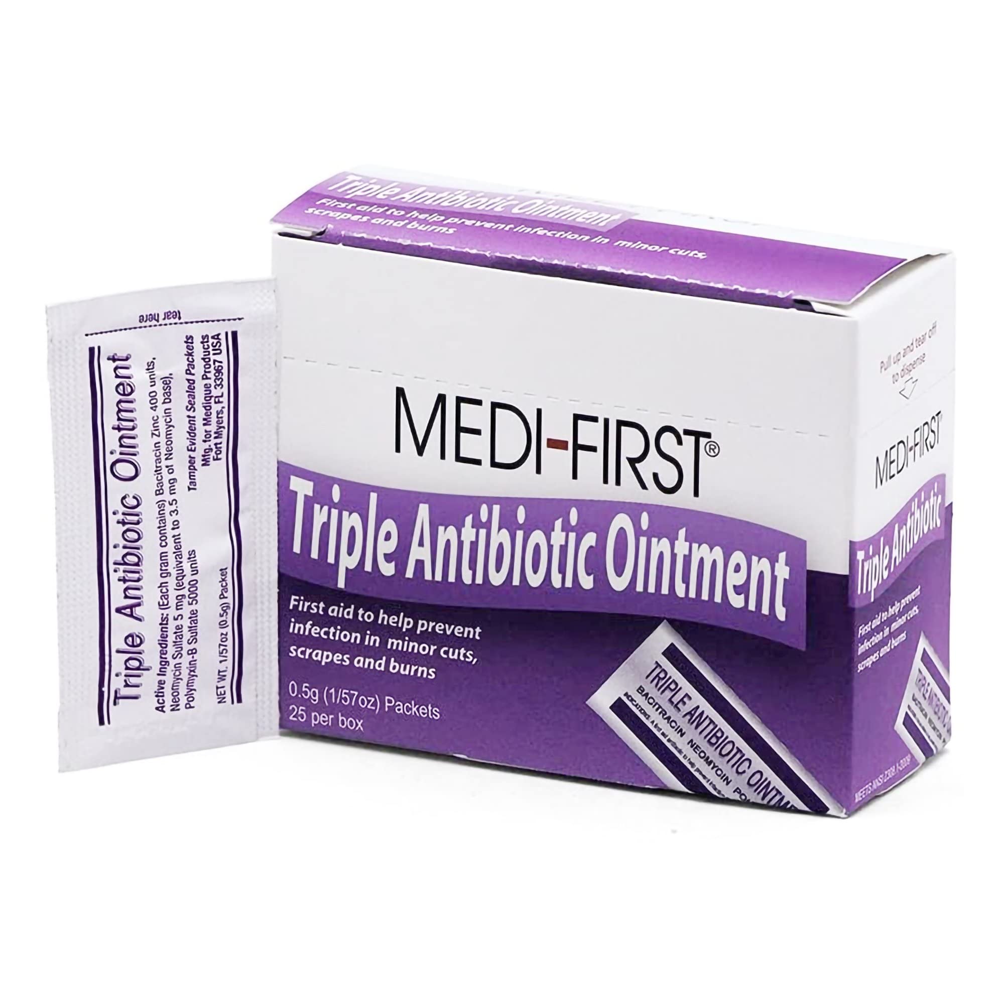 Medi-First First Aid Antibiotic 0.5 Gram Individual Packet Ointment 400 IU - 5 mg - 5,000 IU/Gram Strength, 25 Ct