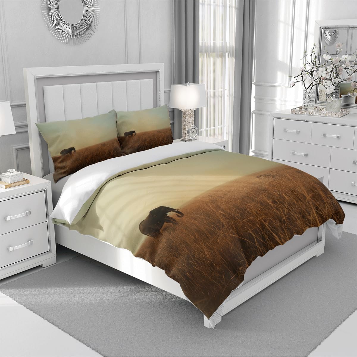 Duvet Cover Full Size Bedding Comforter Cover for Summer Elephant Natural Landscape Cooling Comforter Cover Green Brown Sunset Grassland Quilts Covers Lightweight Girls Teens Duvet Case