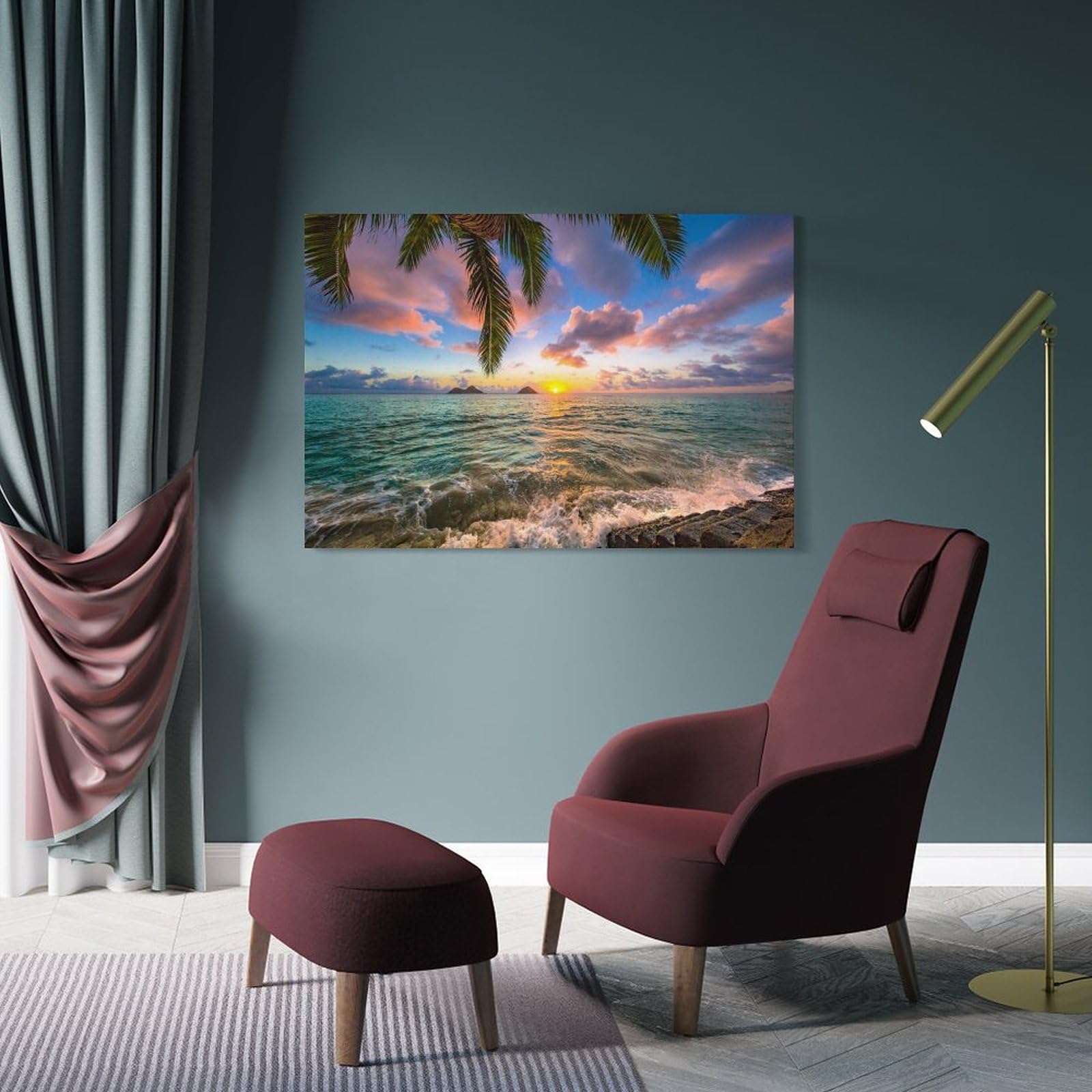 Amazon.co.jp: 絵画 ヤシの木と海に沈む夕日インテリア 絵画 ハワイ