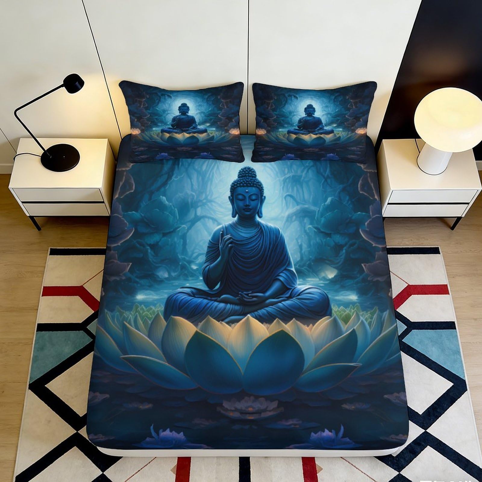 3D Printed Blue Buddha Lotus Fitted Sheet Microfiber Soft Breathable Meditation Bed Cover for Bedroom Dormitory Guest Room Mattress Protection 90x200x25cm